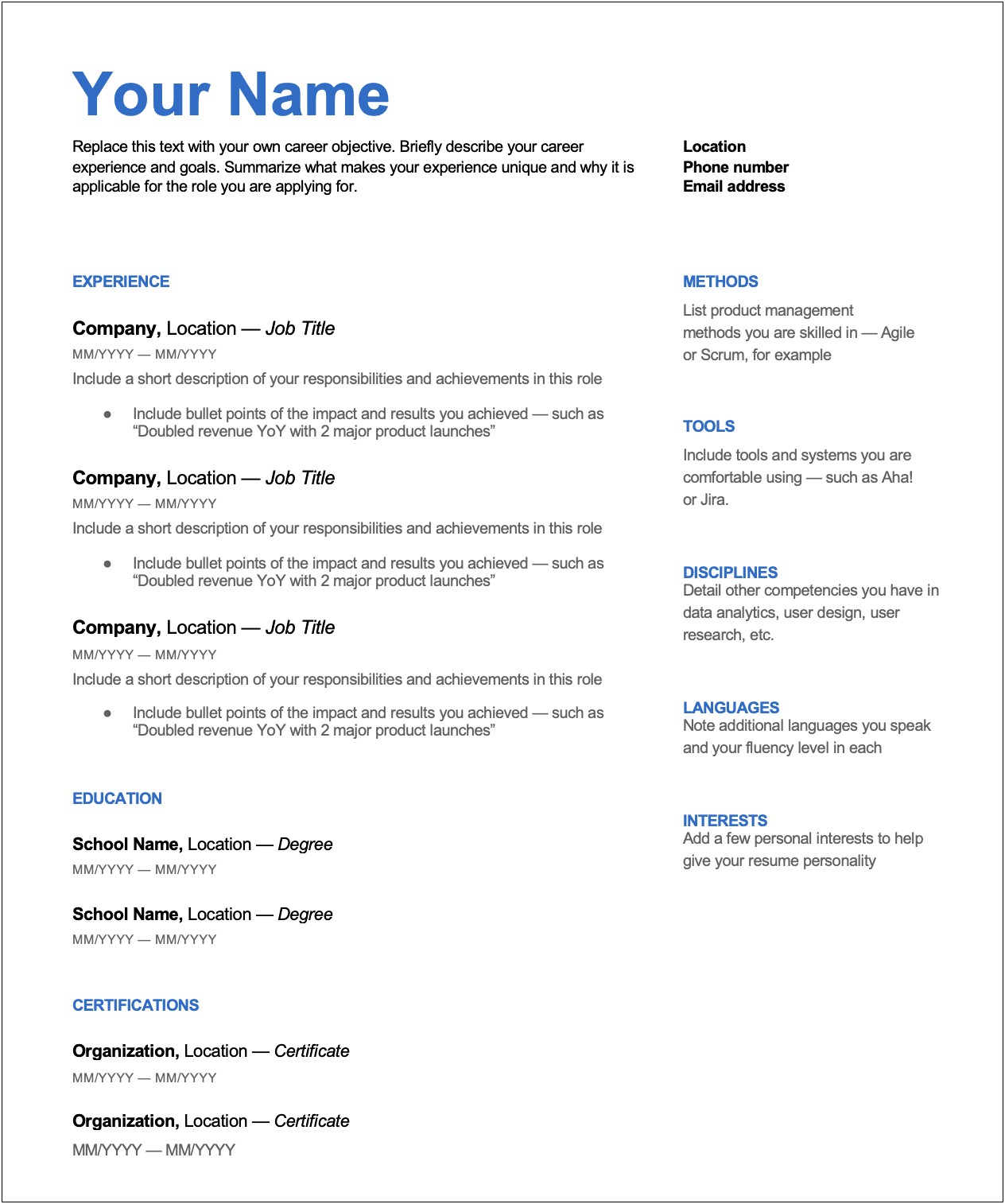 Different Job Titles In A Company Resume