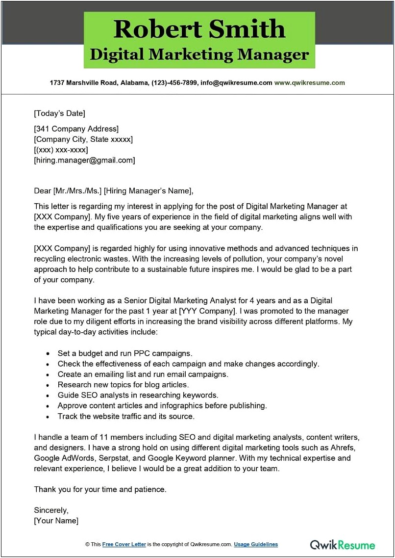 Digital Marketing Manager Resume Cover Letter