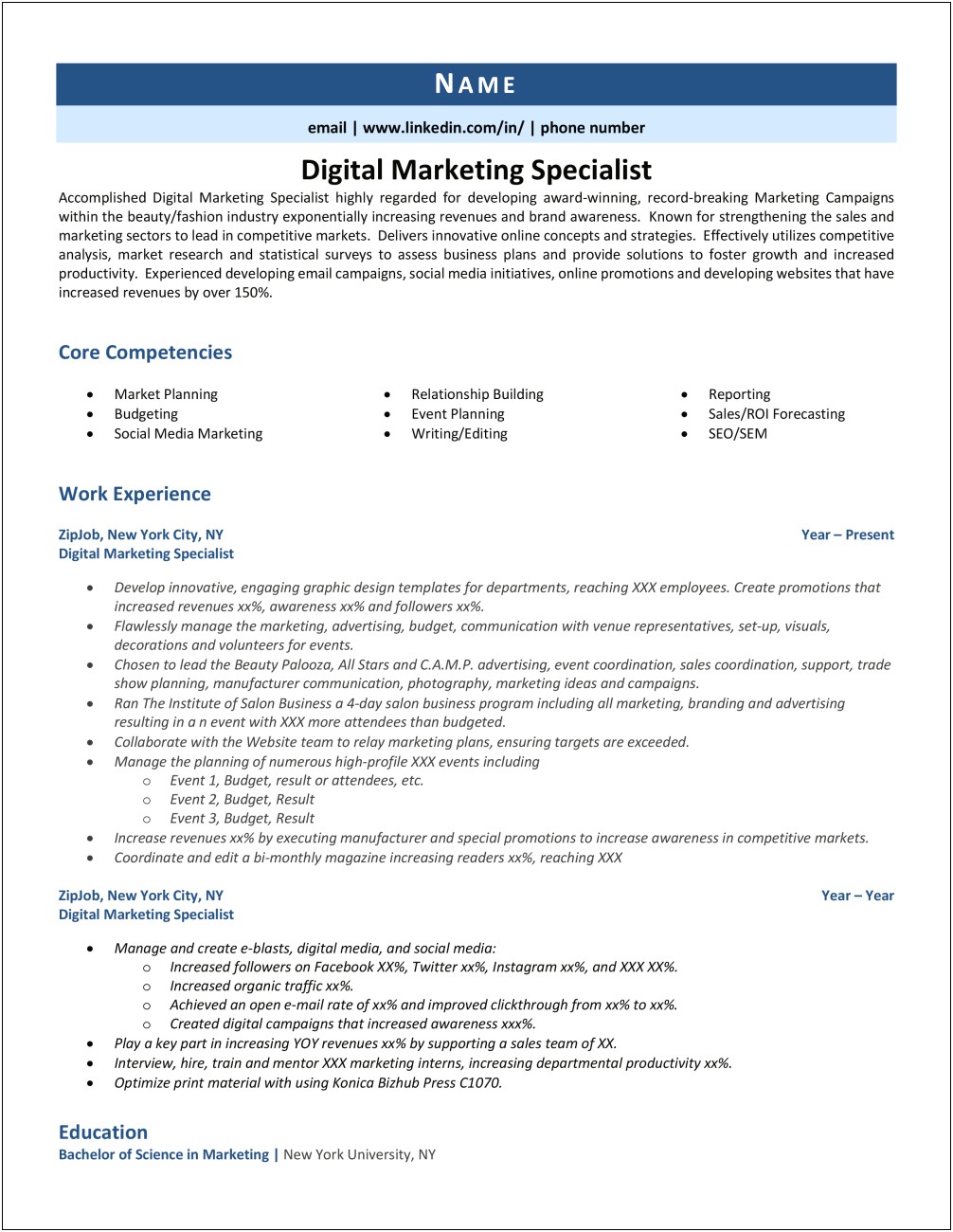 Digital Marketing Specialist 1 Year Experience Resume Example