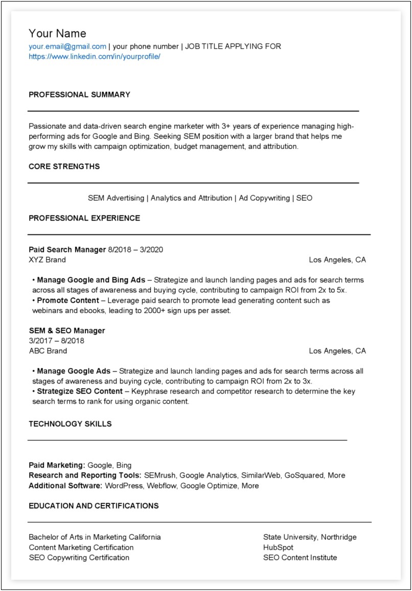 Digital Marketing Specialist Profile Summary Resume