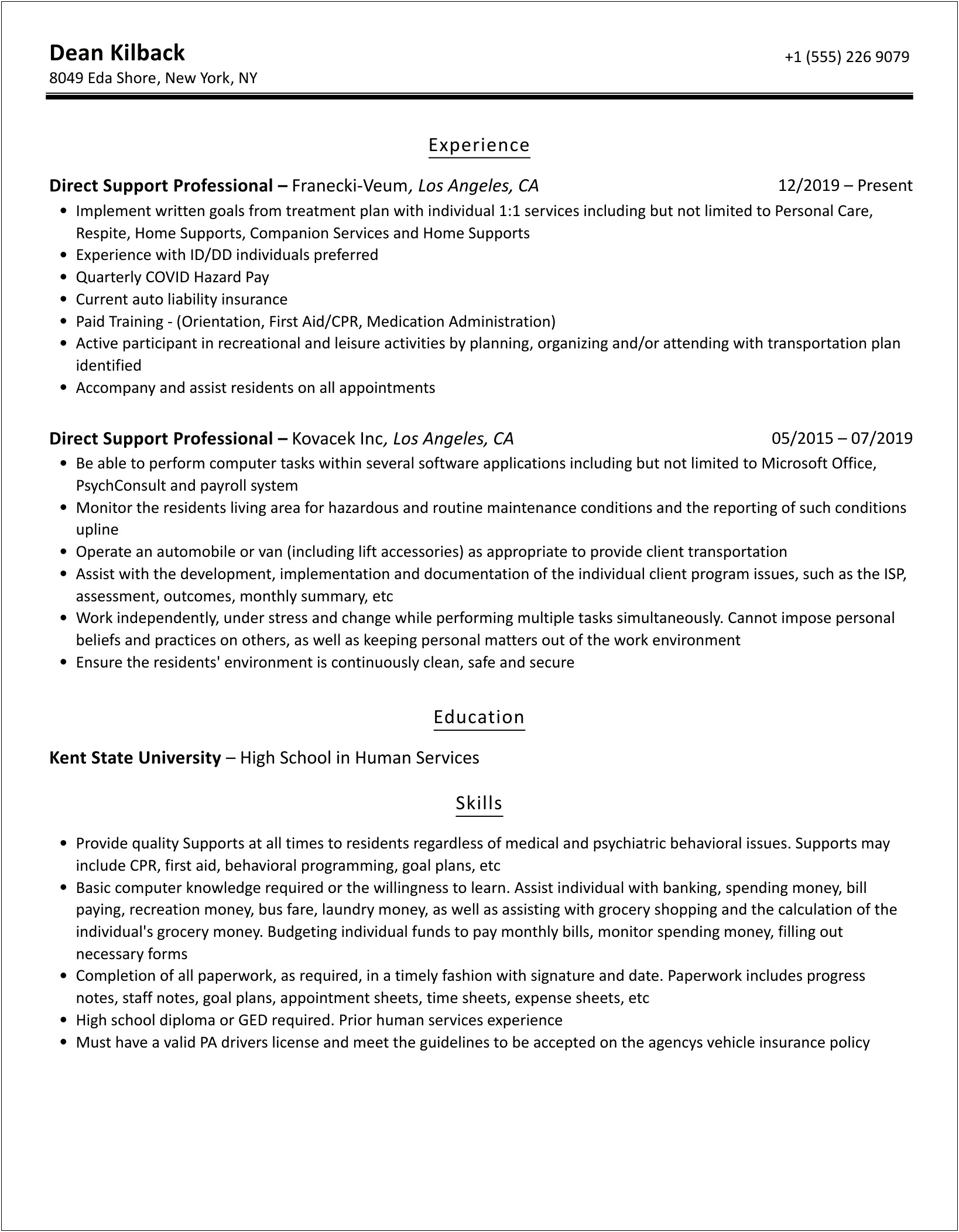 Direct Support Professional Job Description For Resume