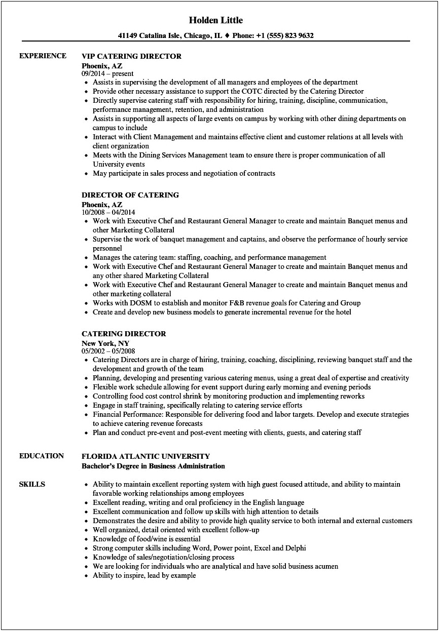 Director Of Catering Operations Resume Sample