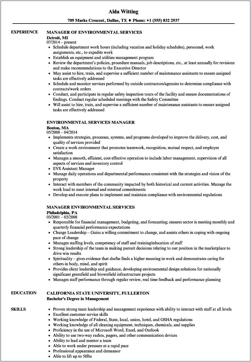 Director Of Environmental Services Resume Sample