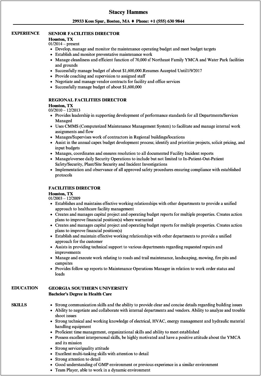 Director Of Facilities And Construction Management Resumen