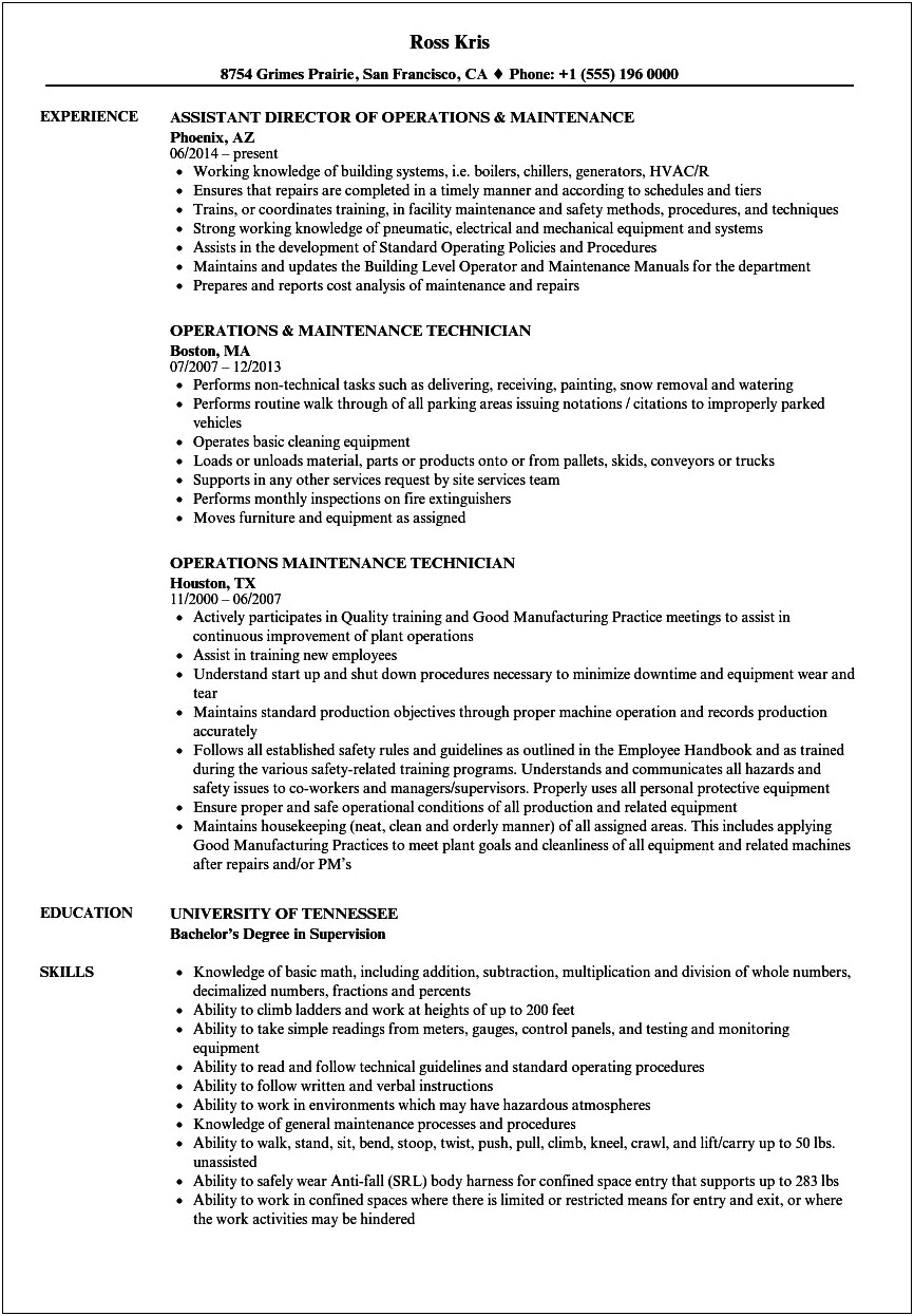 Director Of Maintenance And Operations Resume Samples