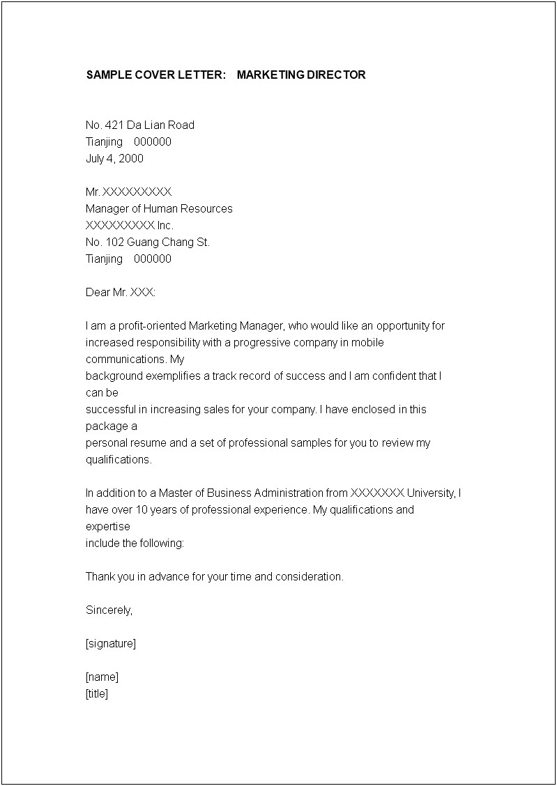 Director Of Marketing Resume Cover Letter