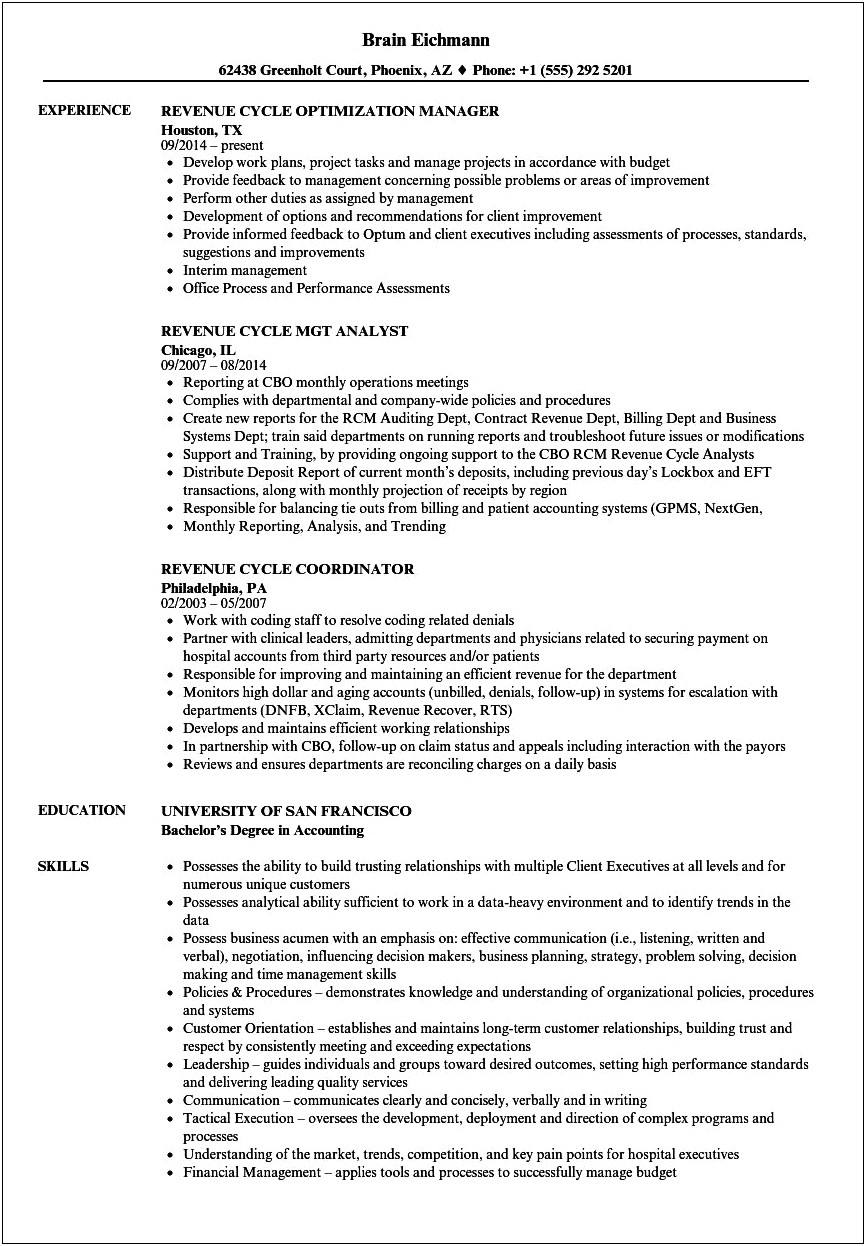 Director Of Revenue Cycle Management Resume