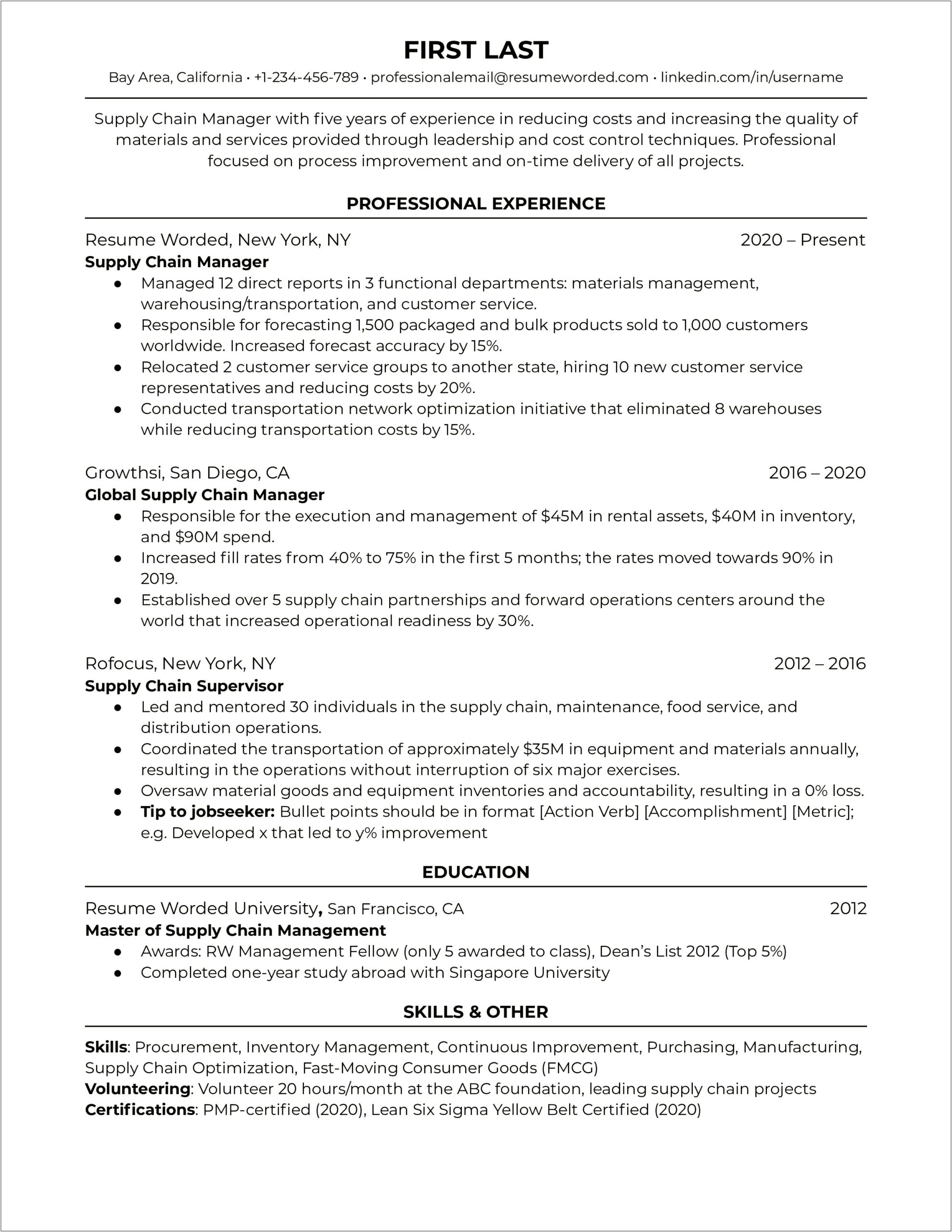 Director Of Supply Chain Management Resume
