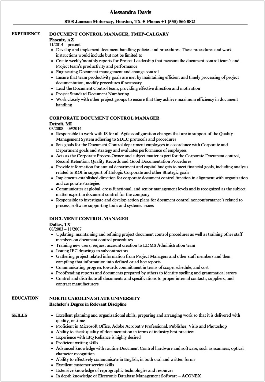 Document Controller Job Description For Resume