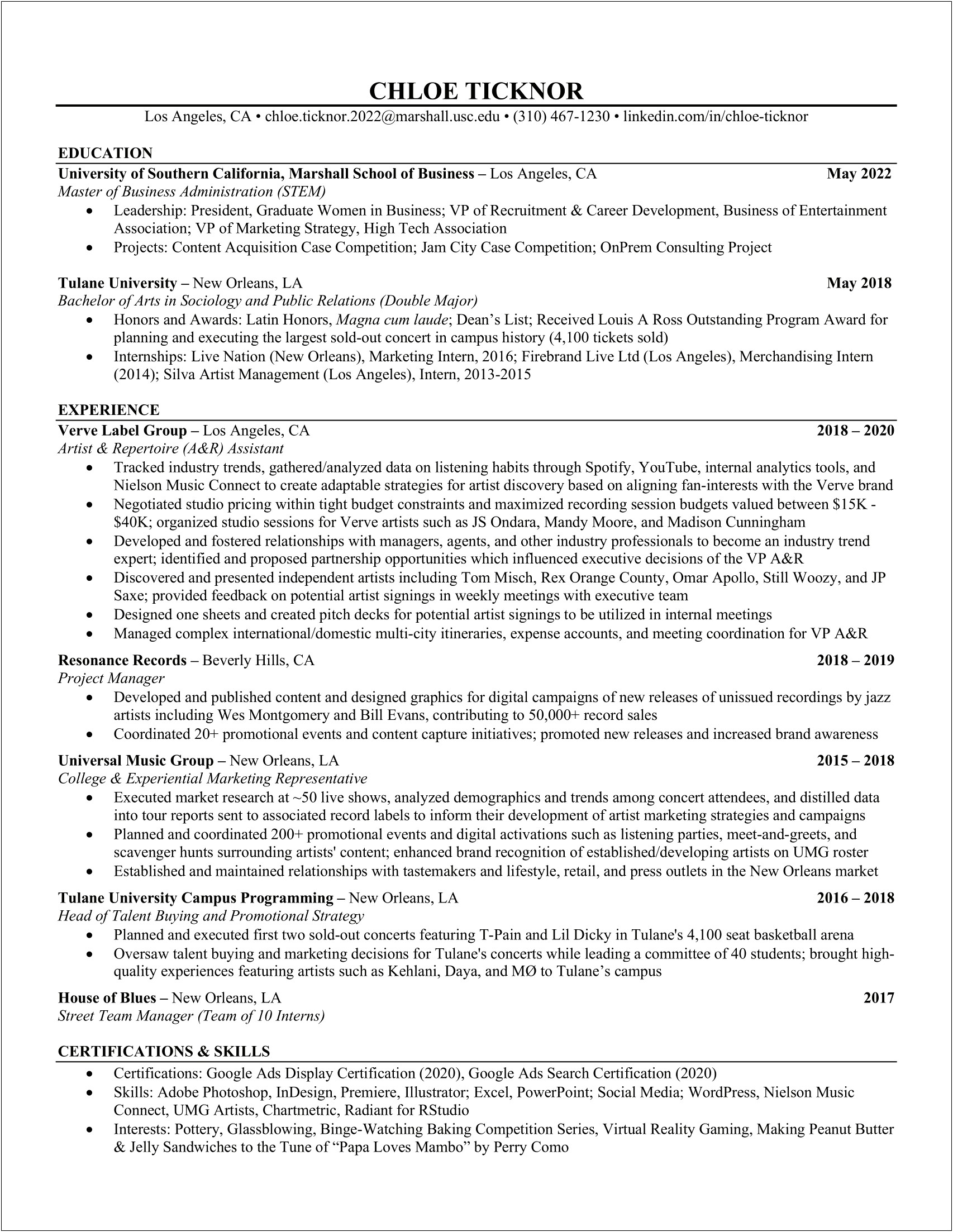 Double Major Business Management And Marketing Resume