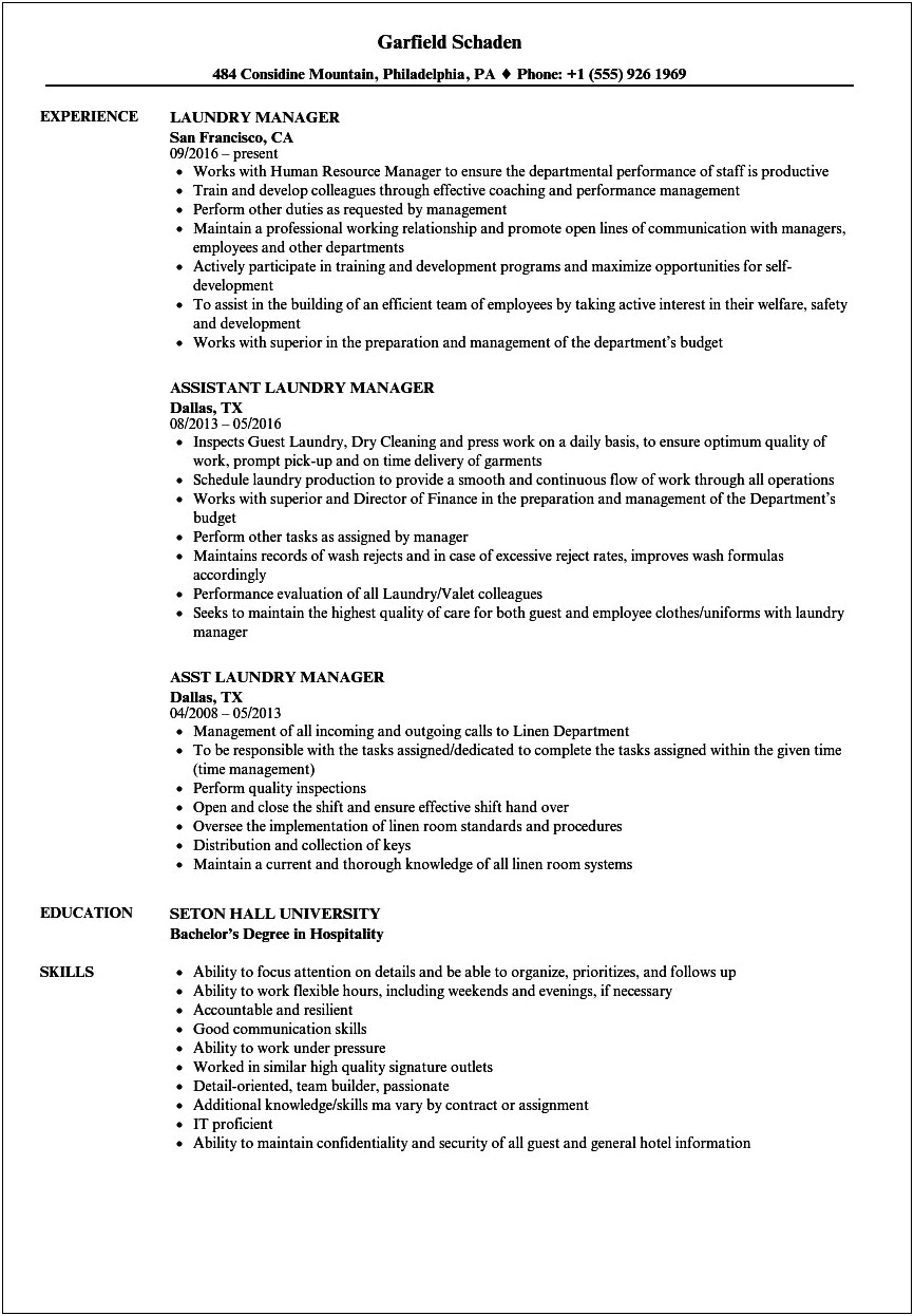 Dry Cleaner Job Description For Resume