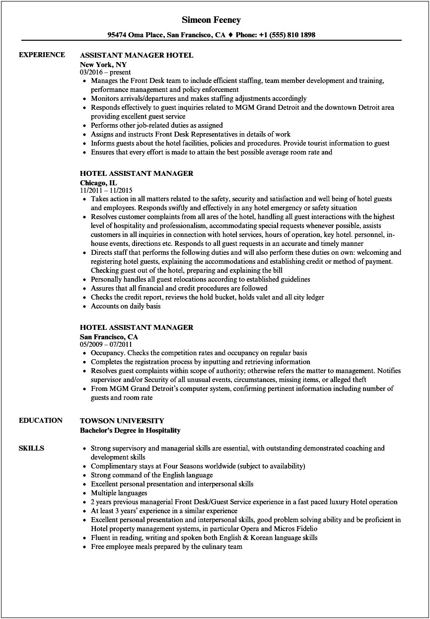 Duties Of A Assistant Manager For Resume
