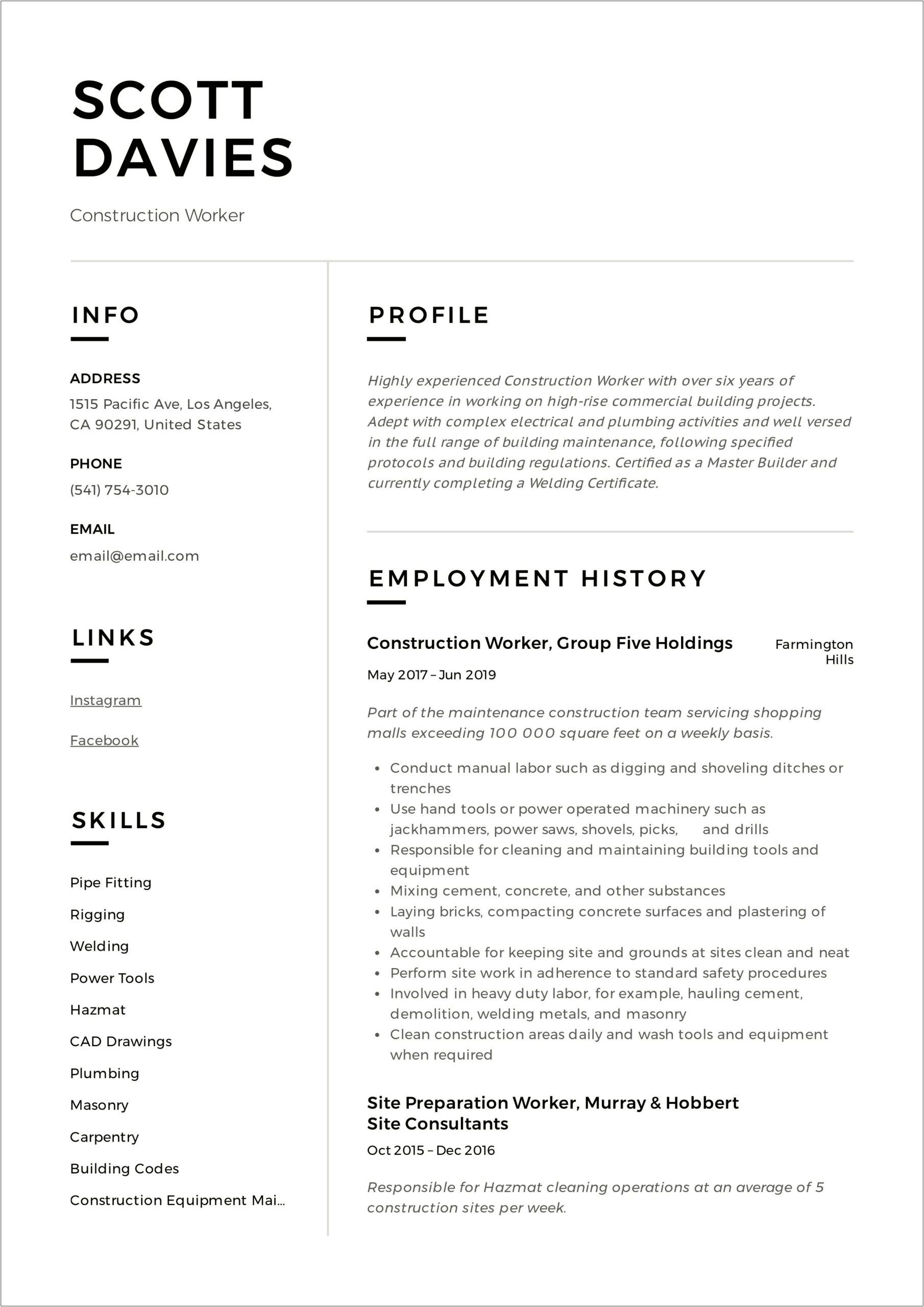 Duties Of A Construction Worker For A Resume