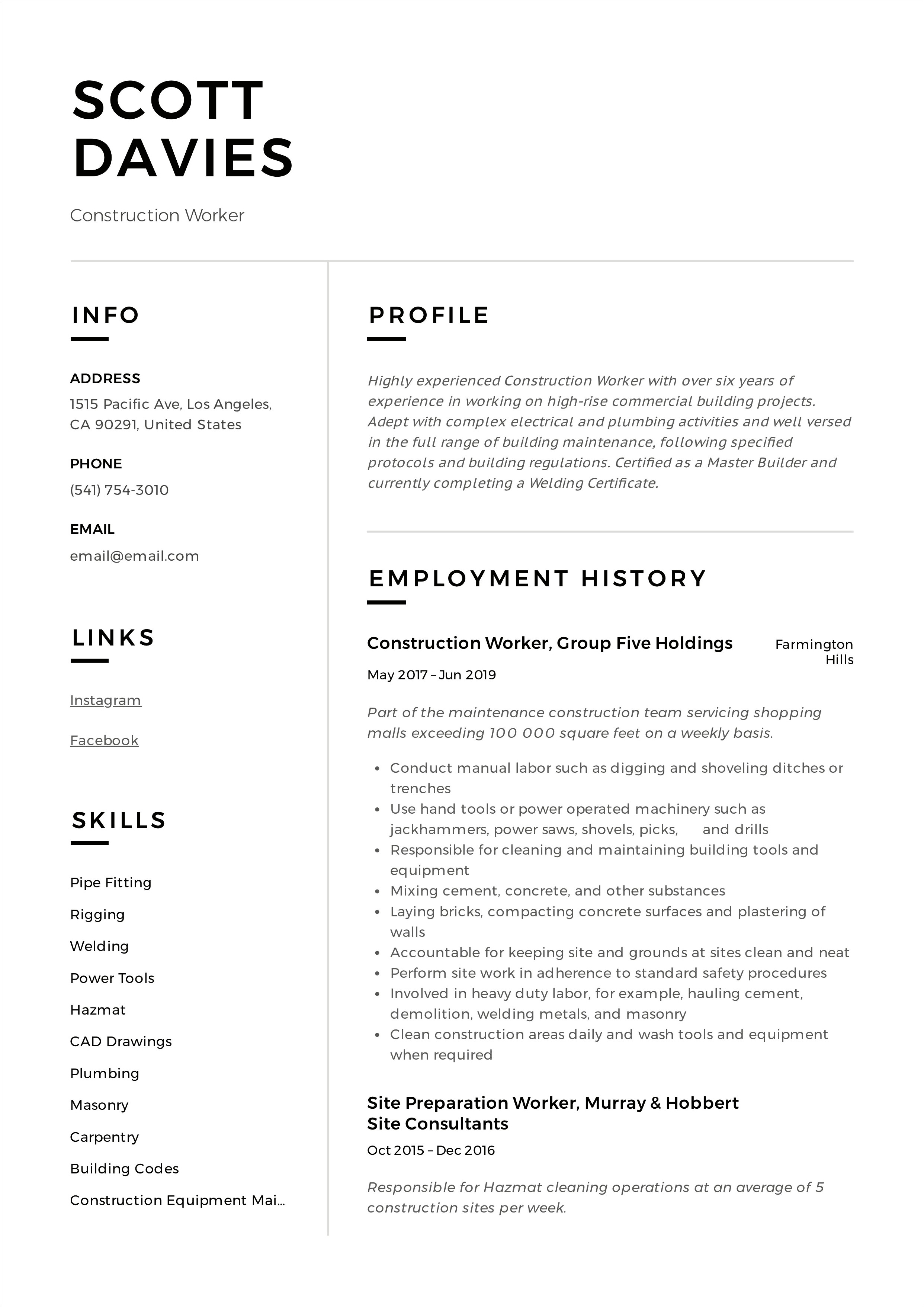 Duties Of A Construction Worker For A Resume
