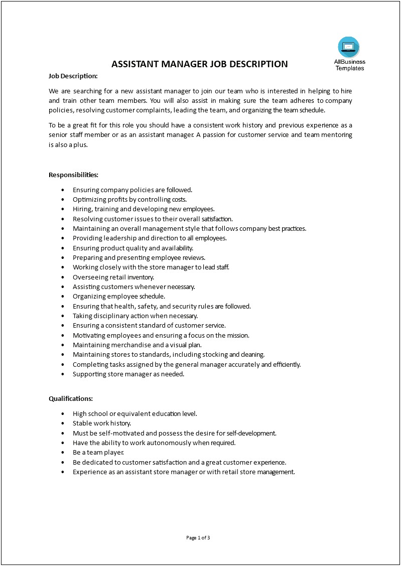 Duties Of Assistant Manager In Retail Resume