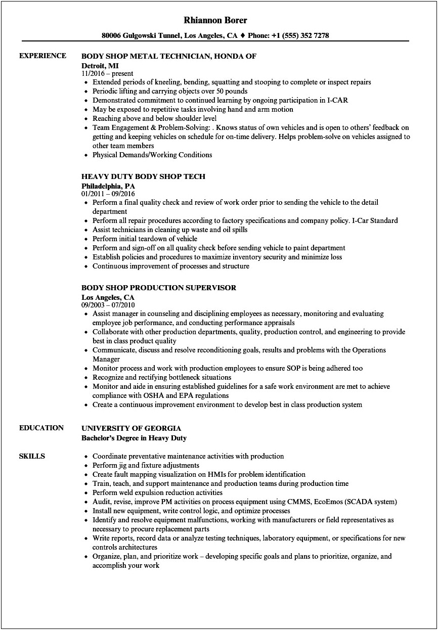 Duty Descriptions For Aito Body Paint Tech Resume