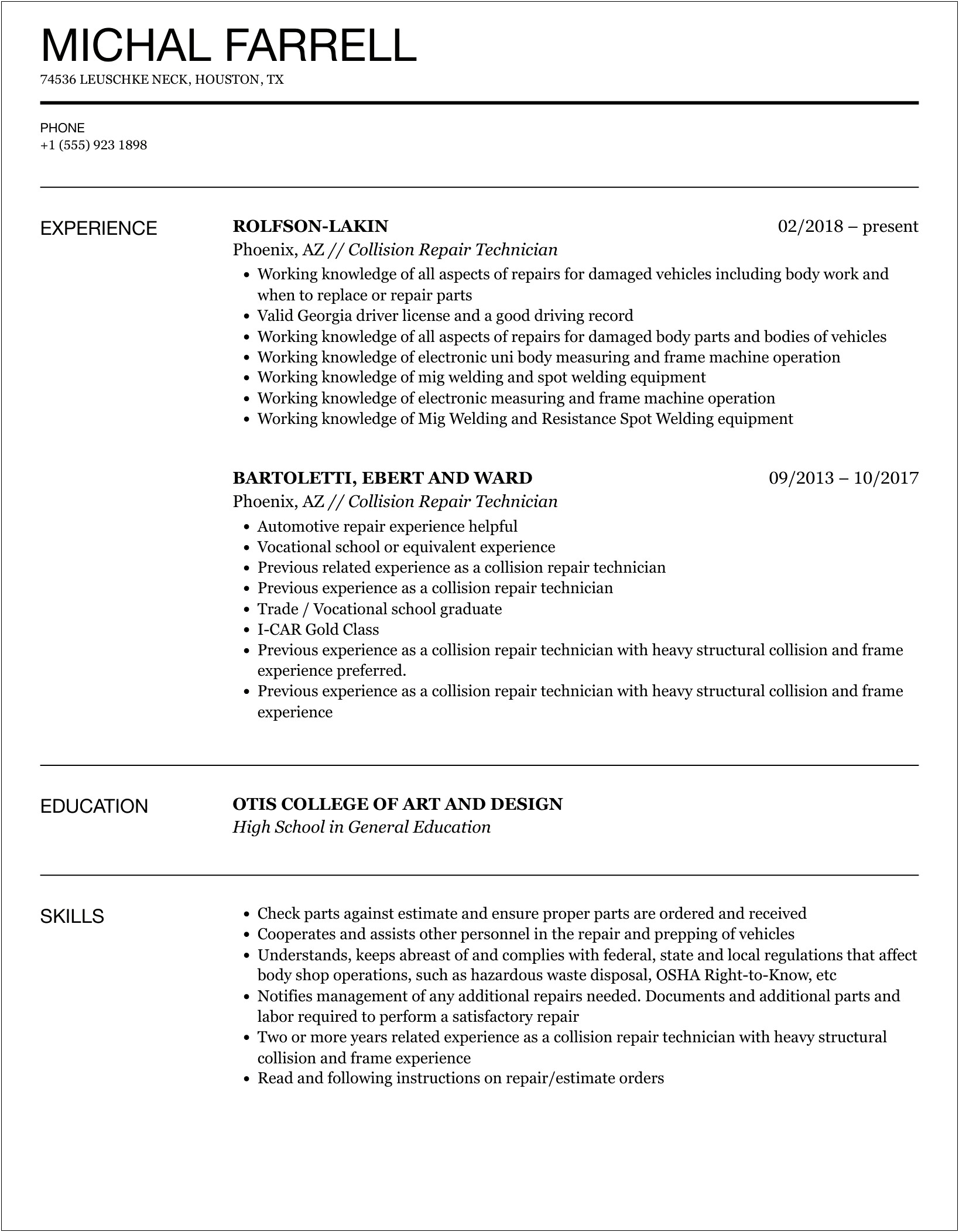 Duty Descriptions For Auto Body Paint Tech Resume