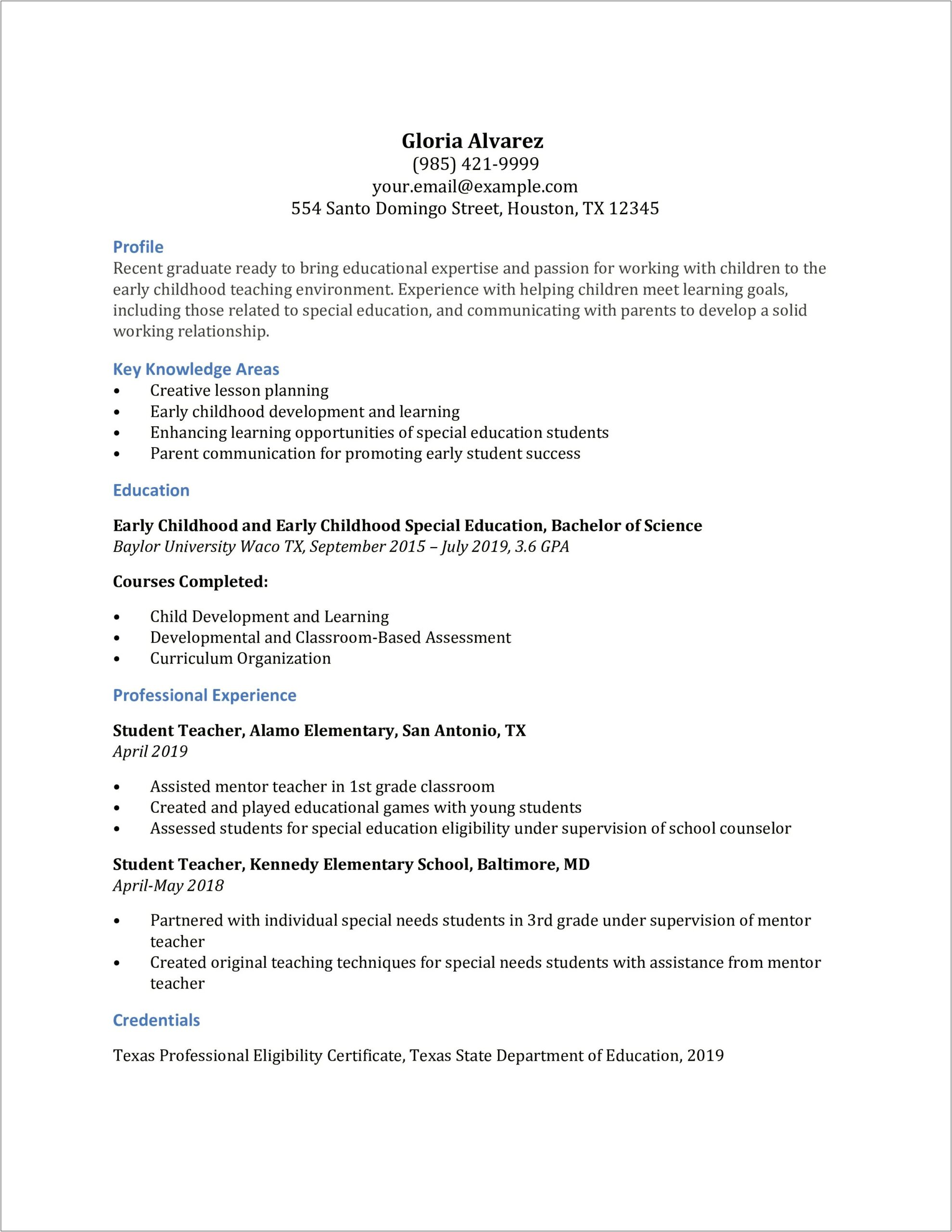 Early Childhood Education Resume Work Experience