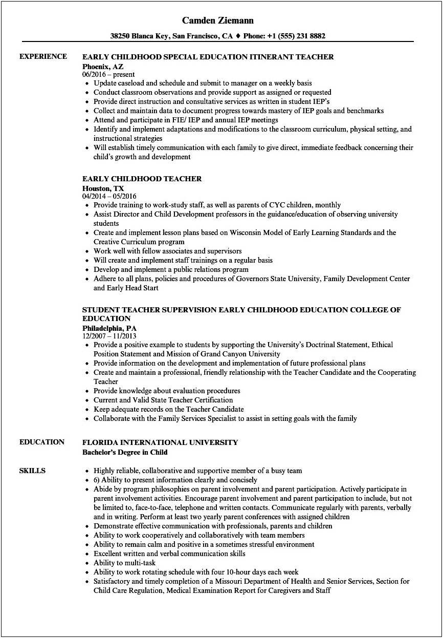 Early Childhood Special Education Teacher Resume Sample