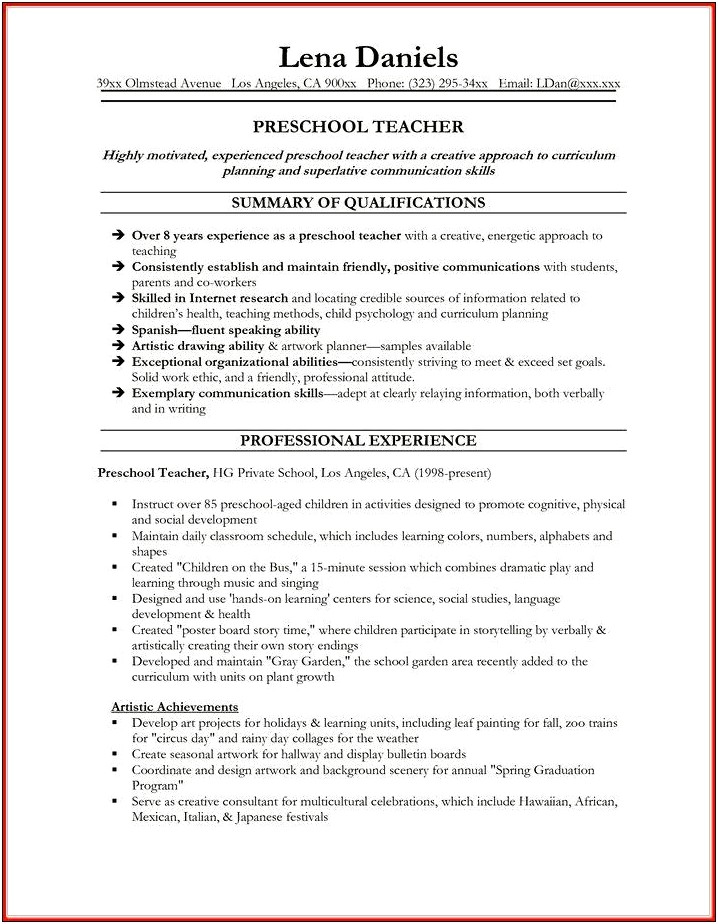 Early Childhood Teacher Job Description For Resume