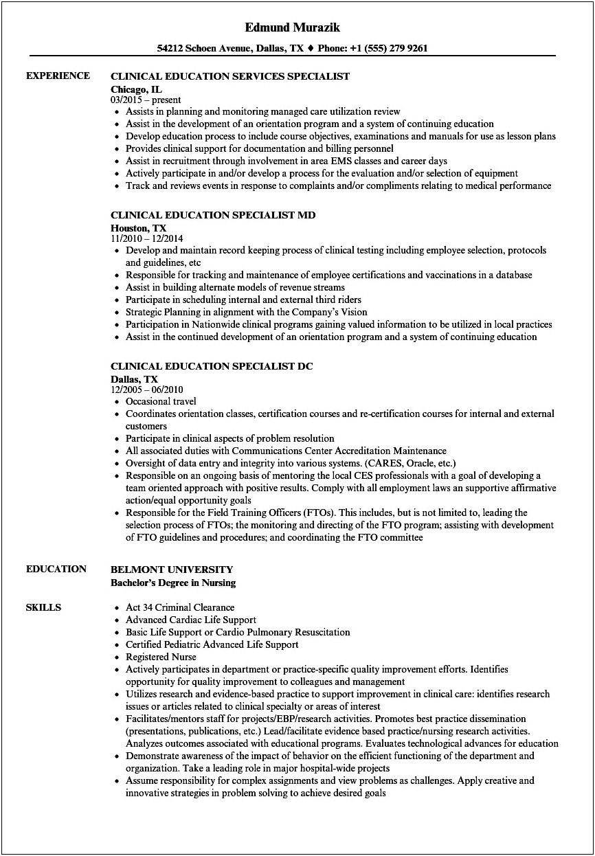 Education Specialist For Nursing Job Description For Resume