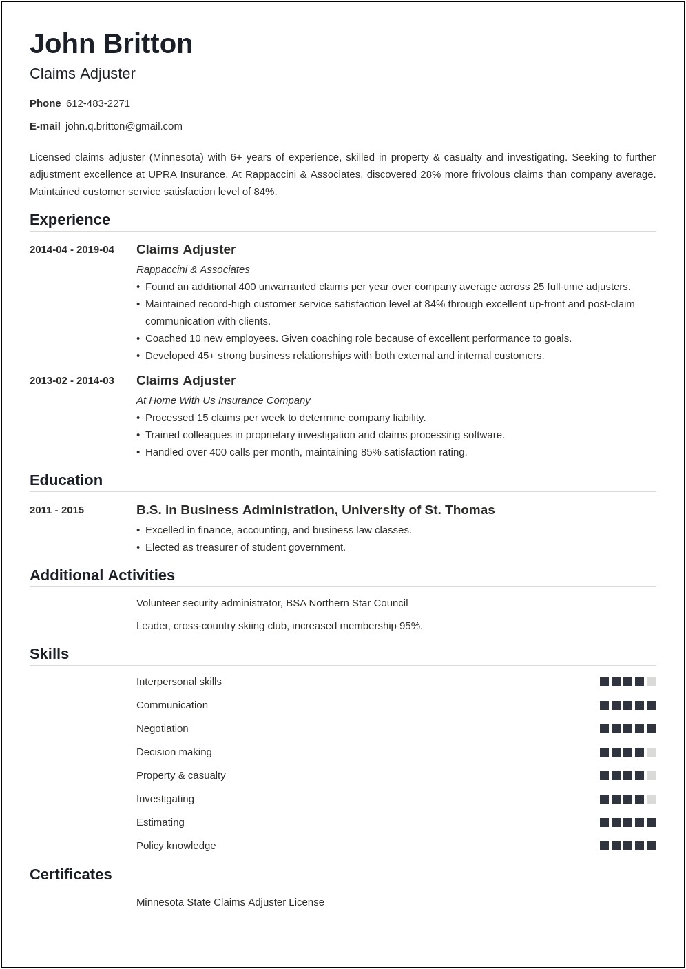 Effective Resume Template For Insurance Claim Professionals