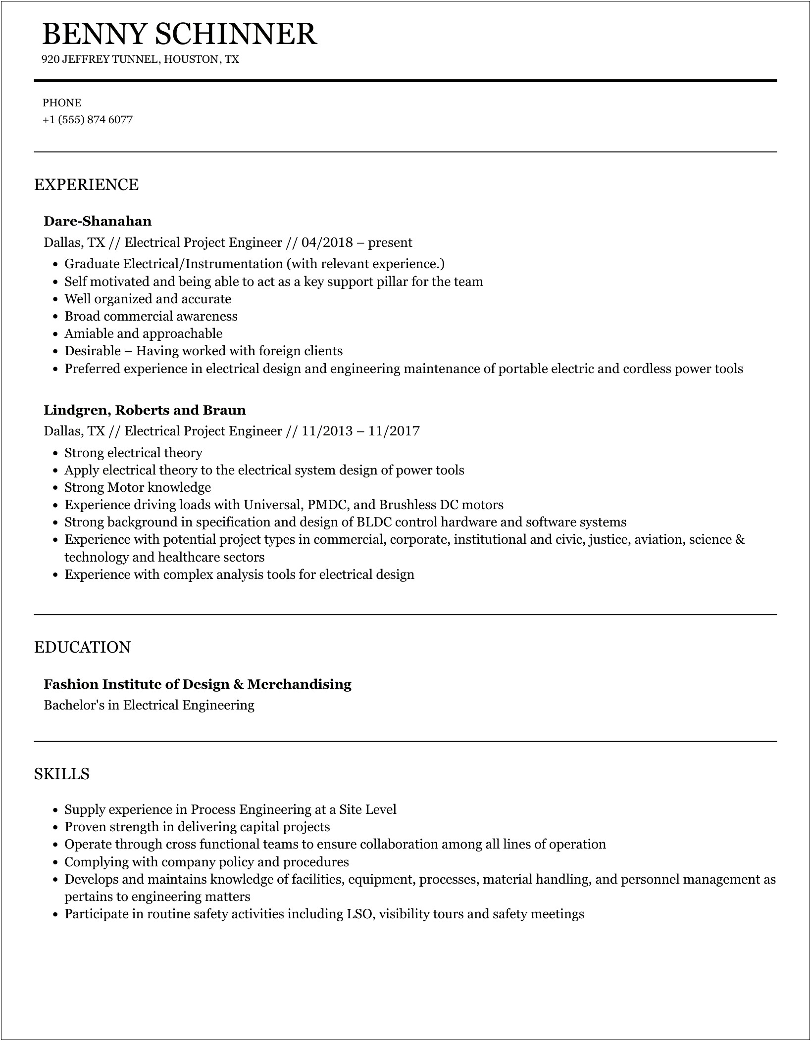Electrica Lconsulting Engineer Putting Projects On Resume