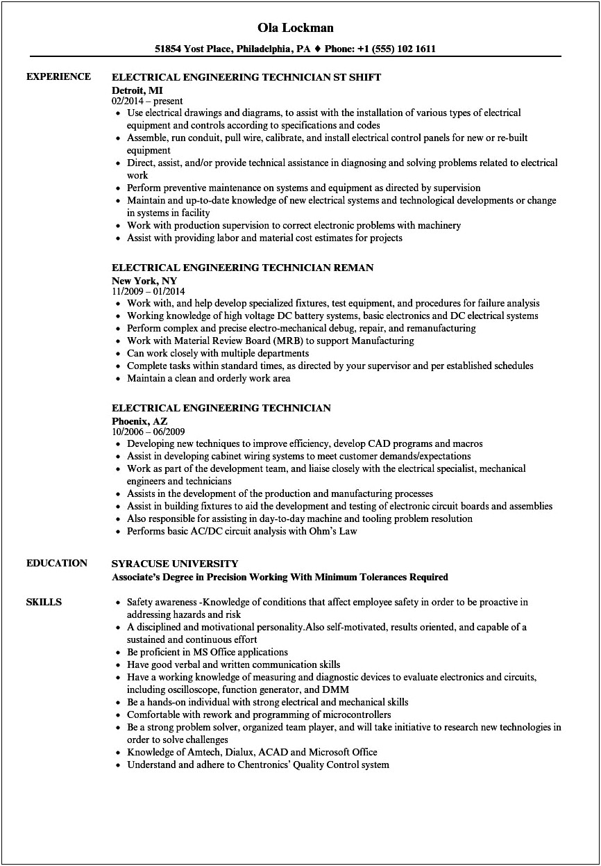 Electrical And Computer Engineering Sample Resume