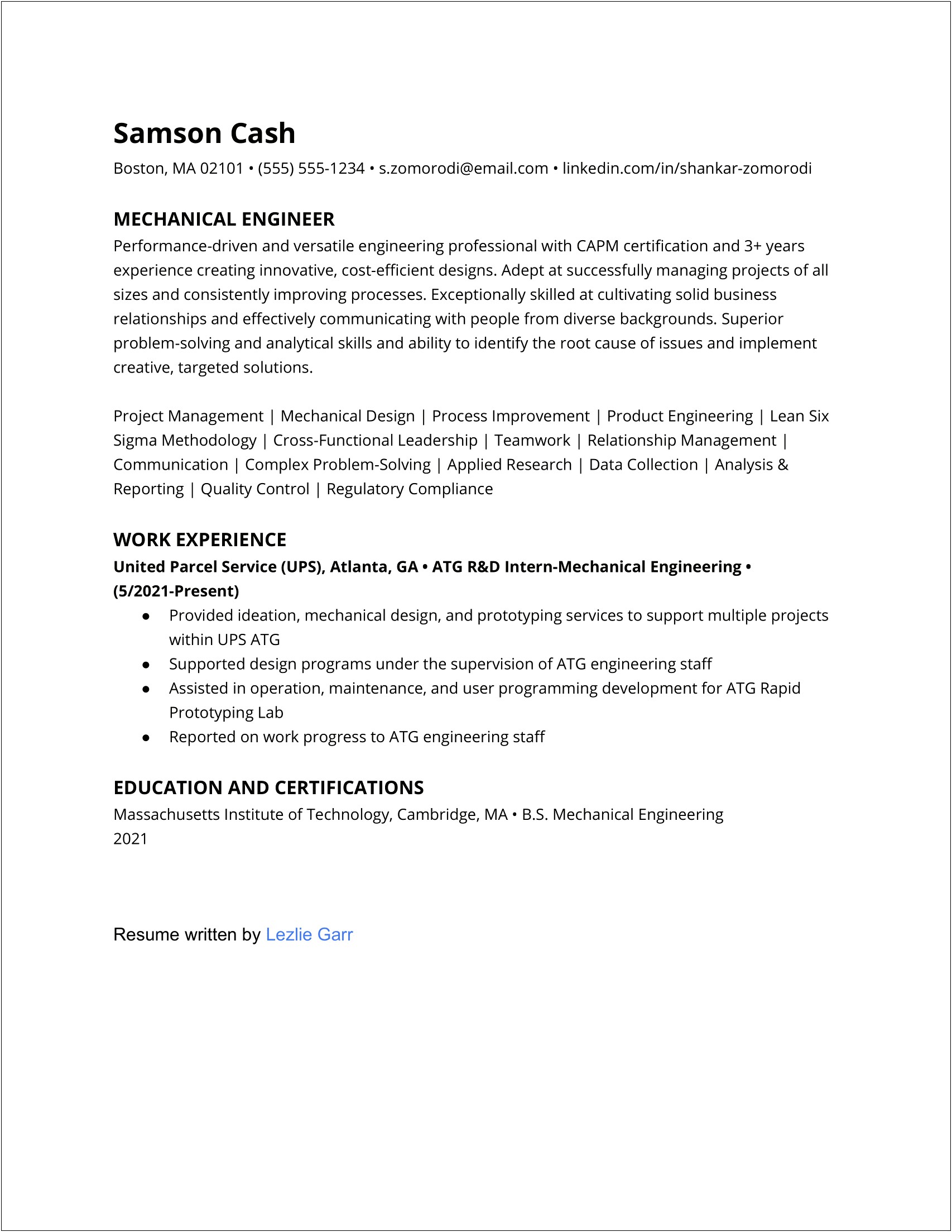 Electrical Engineer Entry Level Resume Example