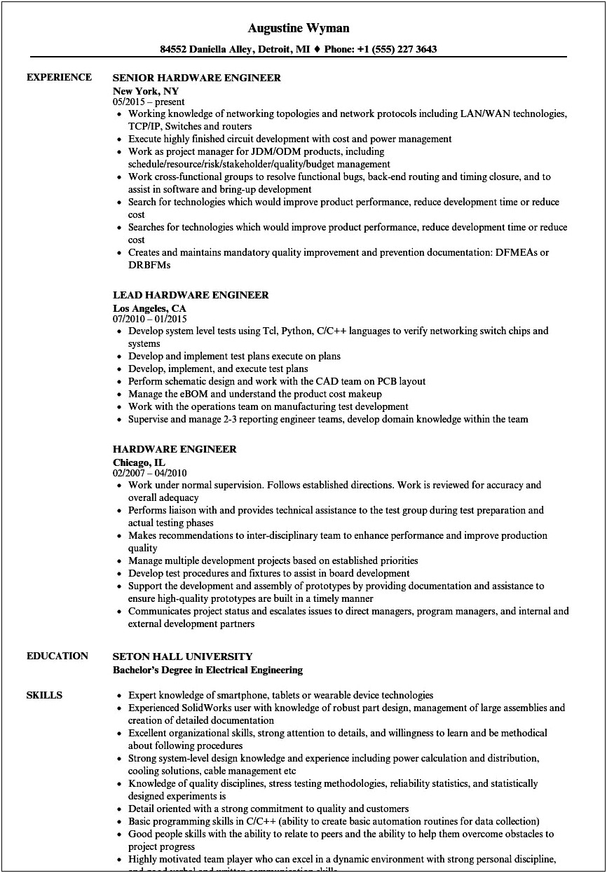 Electrical Engineer Entry Level Sample Resume