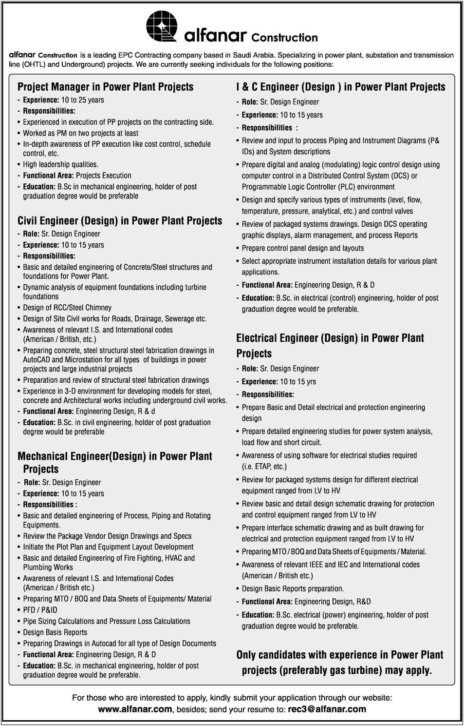 Electrical Engineer Power Plant Experience Resume