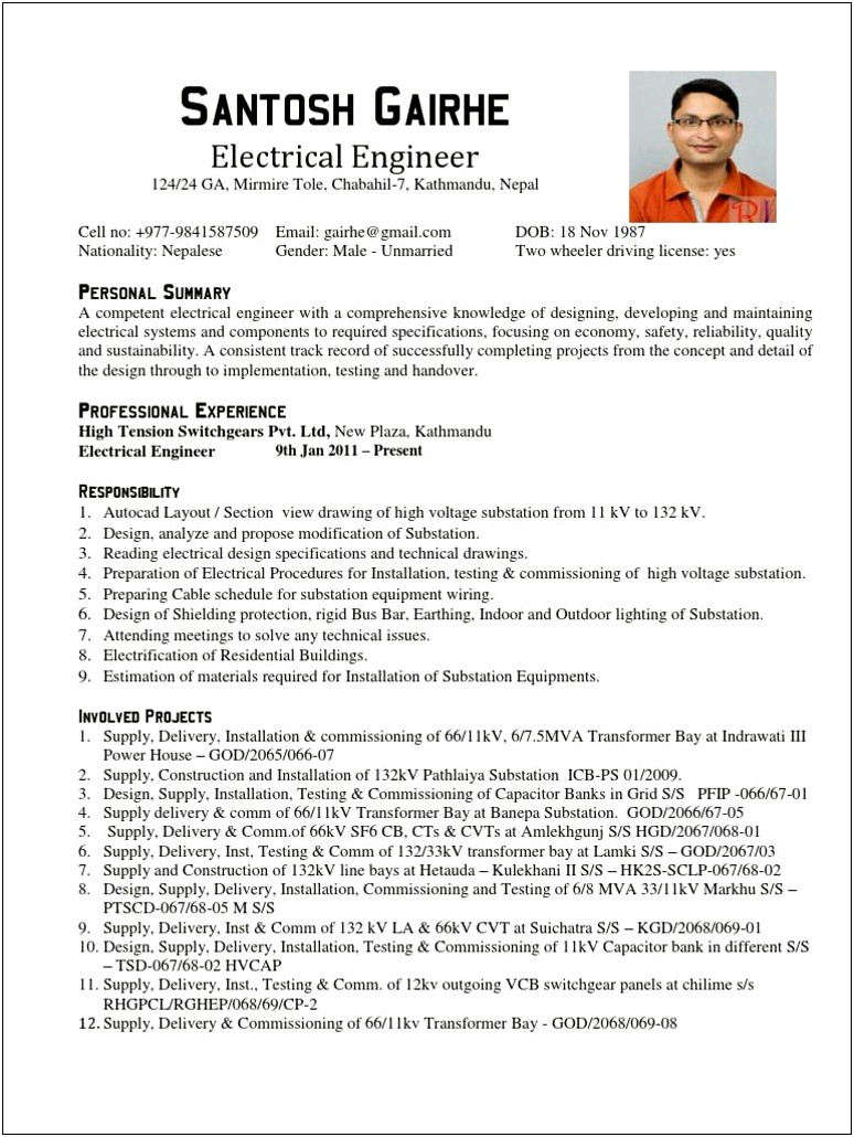 Electrical Engineer Resume Sample Experienced Doc