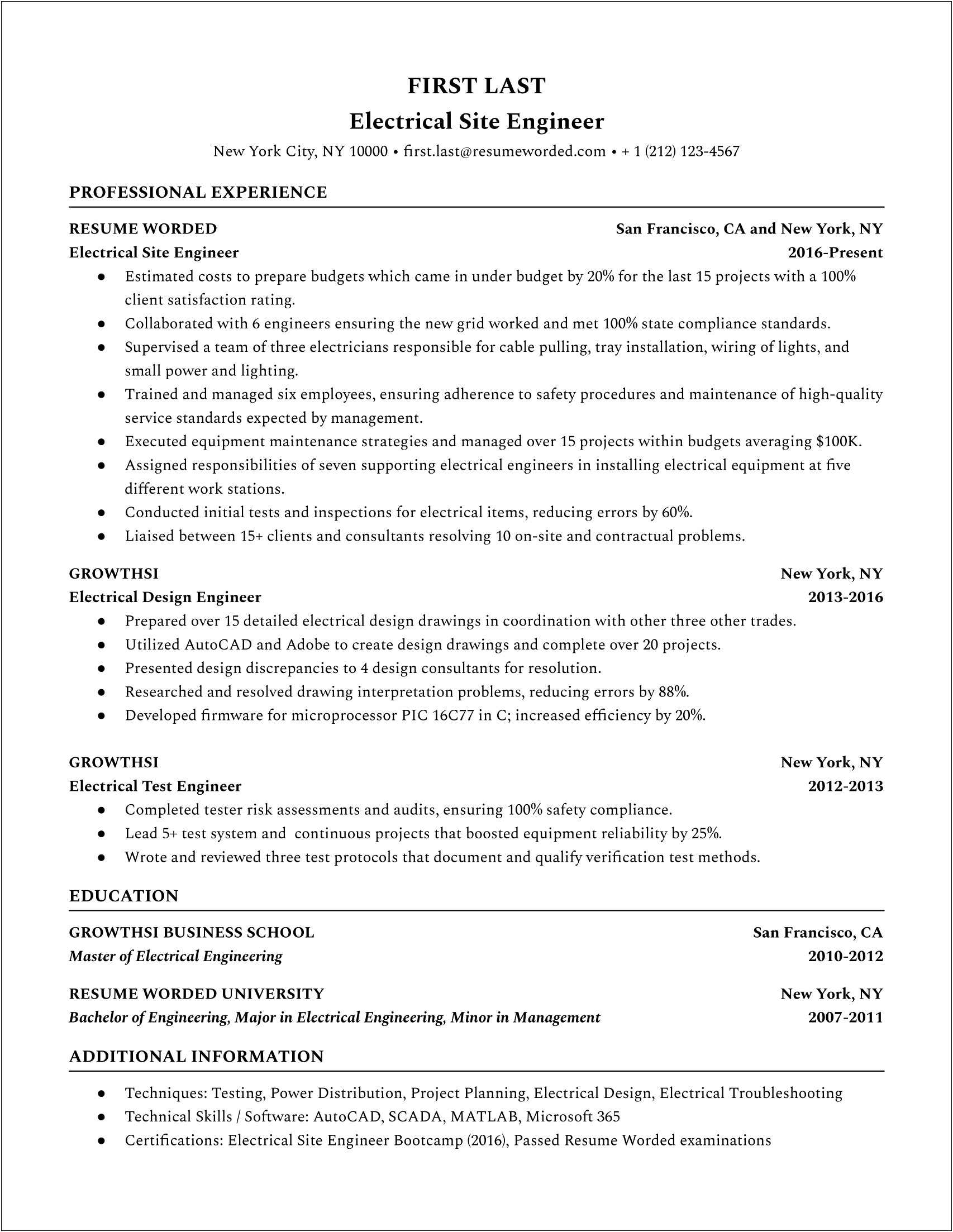 Electrical Engineering Entry Level Resume Examples