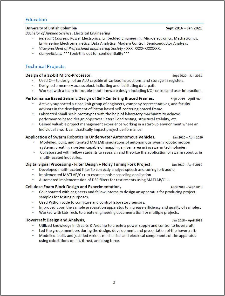 Electrical Engineering Entry Level Resume Sample