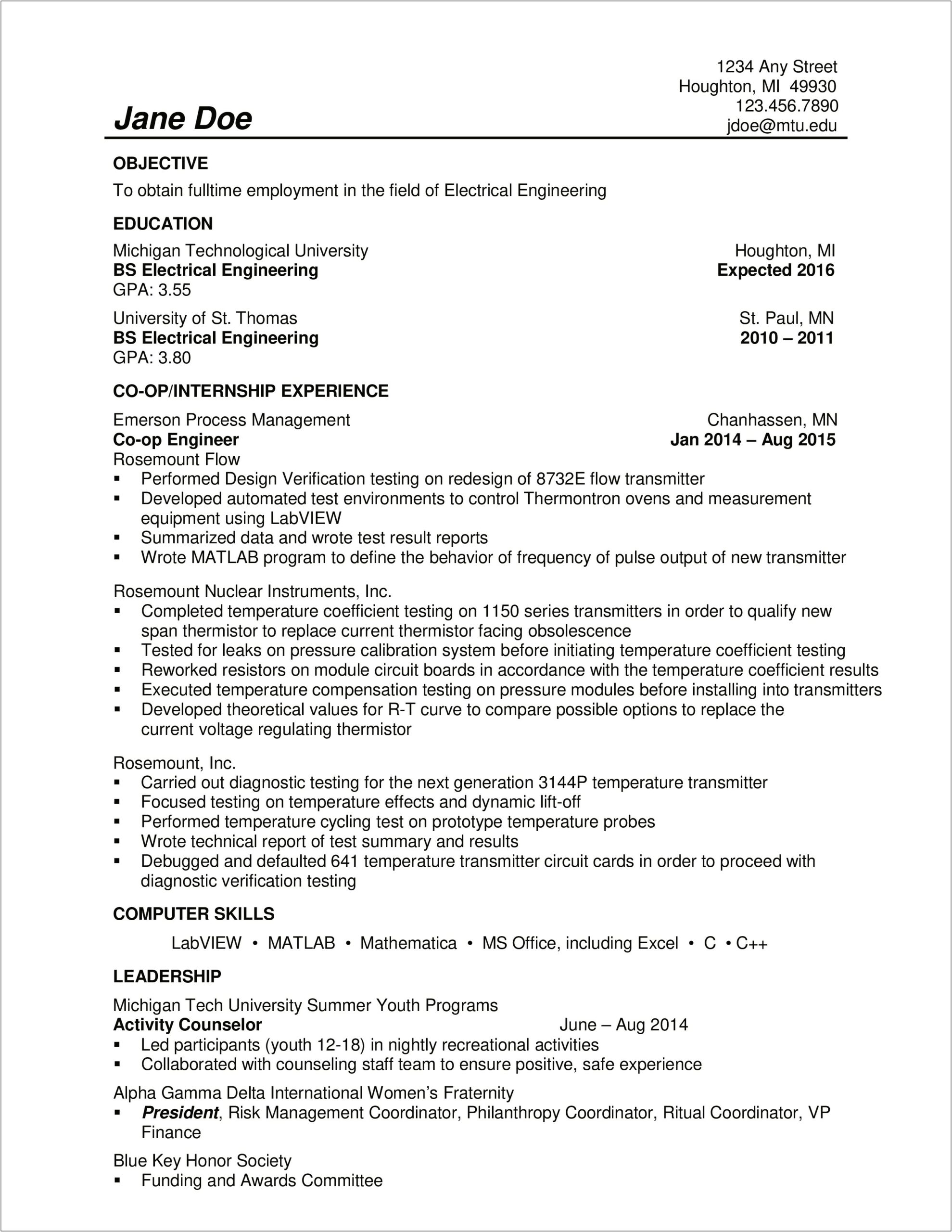 Electrical Engineering Internship Resume No Experience