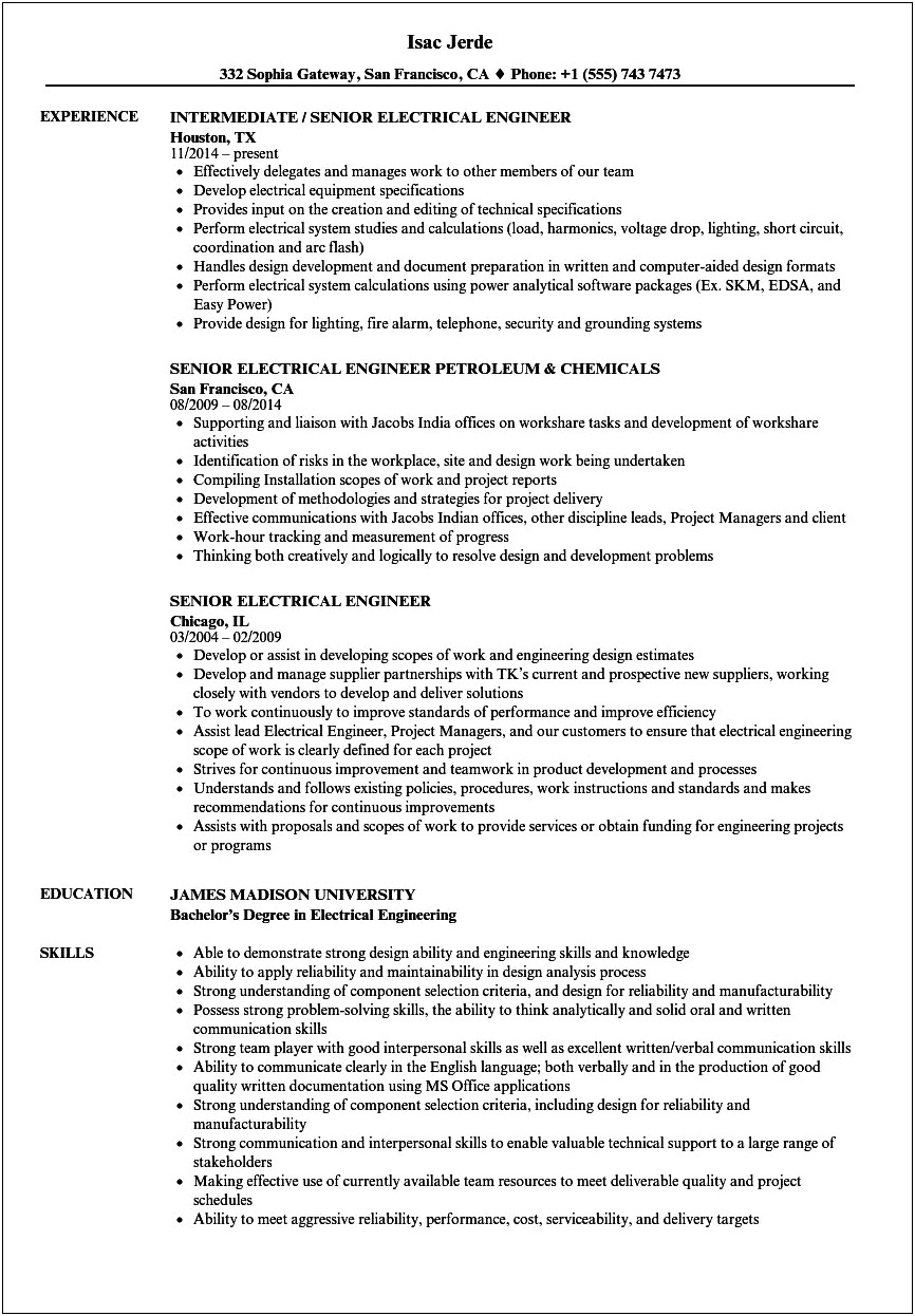 Electrical Engineering Job Description For Resume