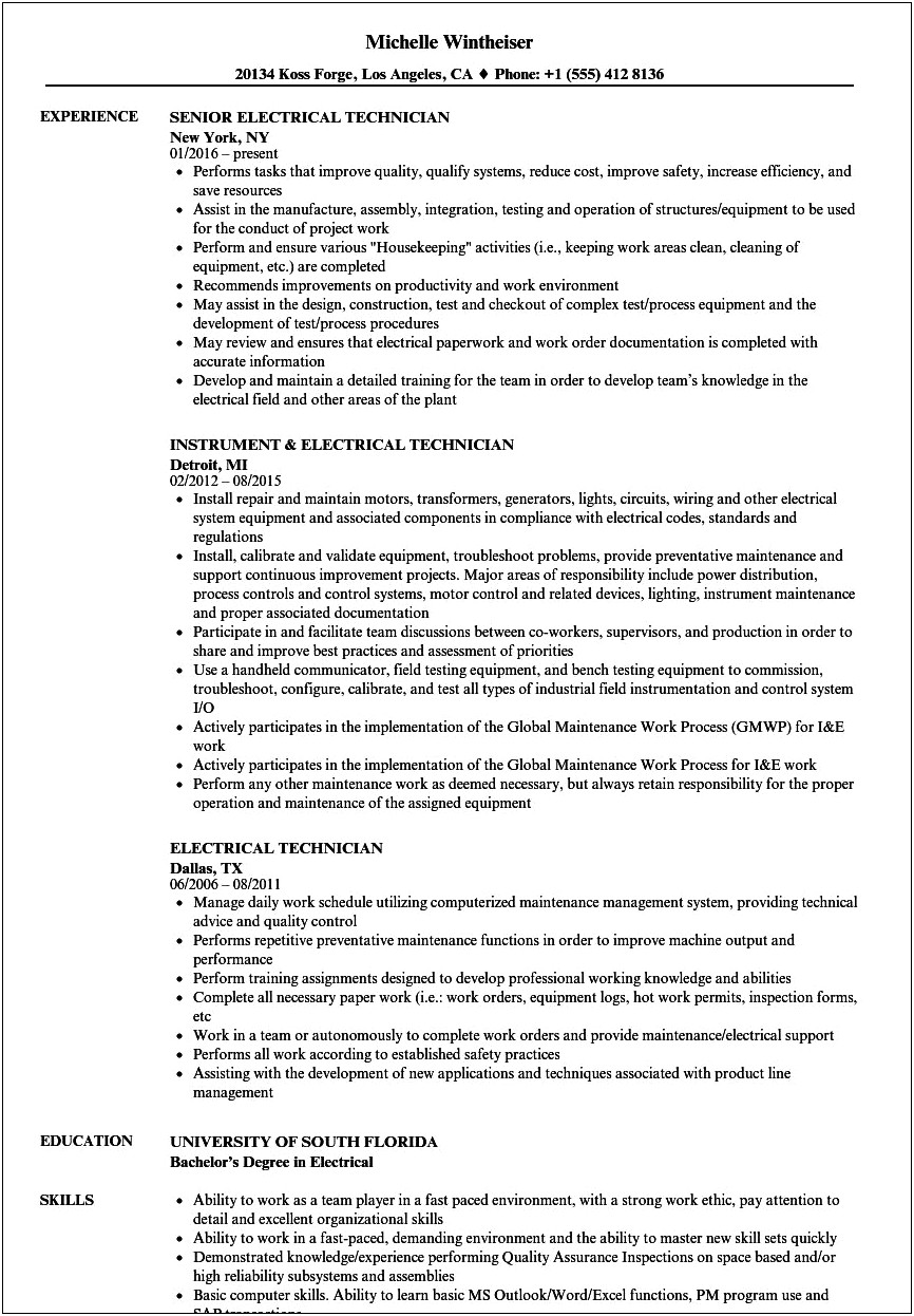 Electrical Technician Resume In Word Format