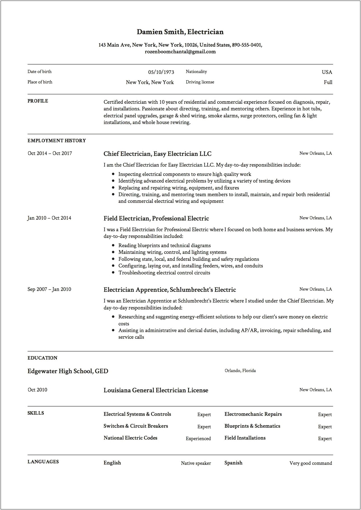 Electrician Resume Sample In Word Format India