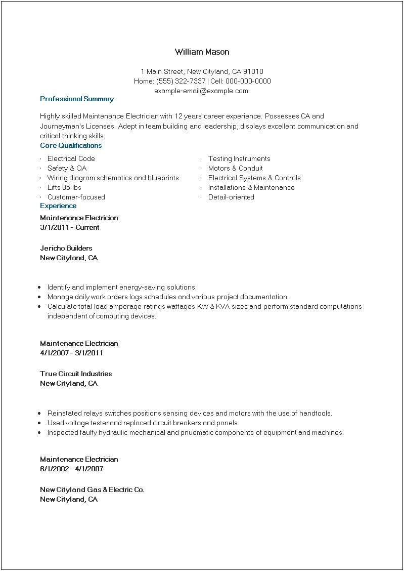 Electrician Skills And Abilities For Resume