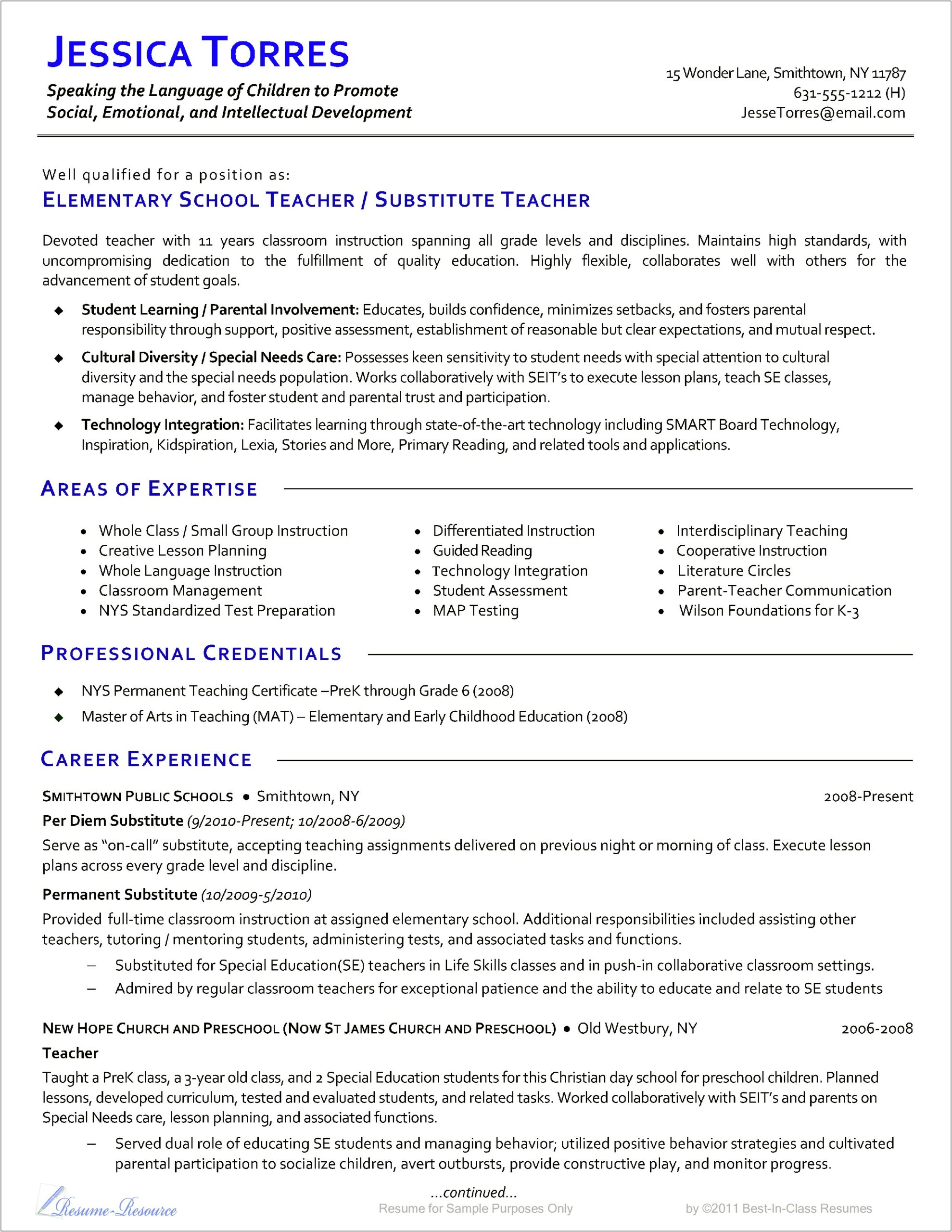 Elementary School Teacher Job Description For Resume