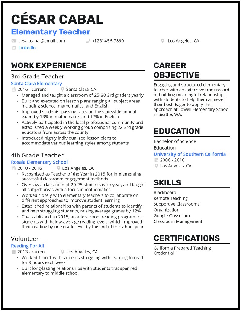 Elementary Teacher Resume With No Experience