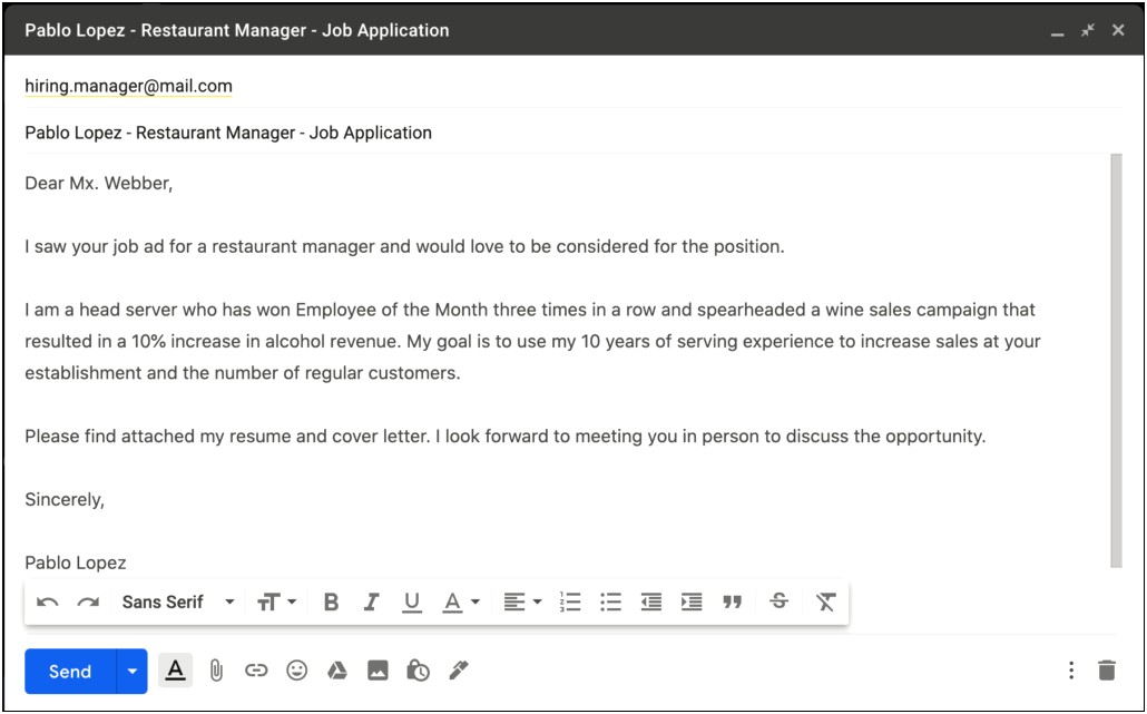 Email Letter For Sending Resume Sample