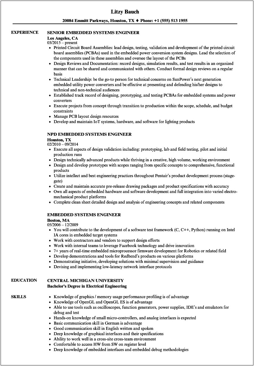 Embedded Systems 1 Year Experience Resume