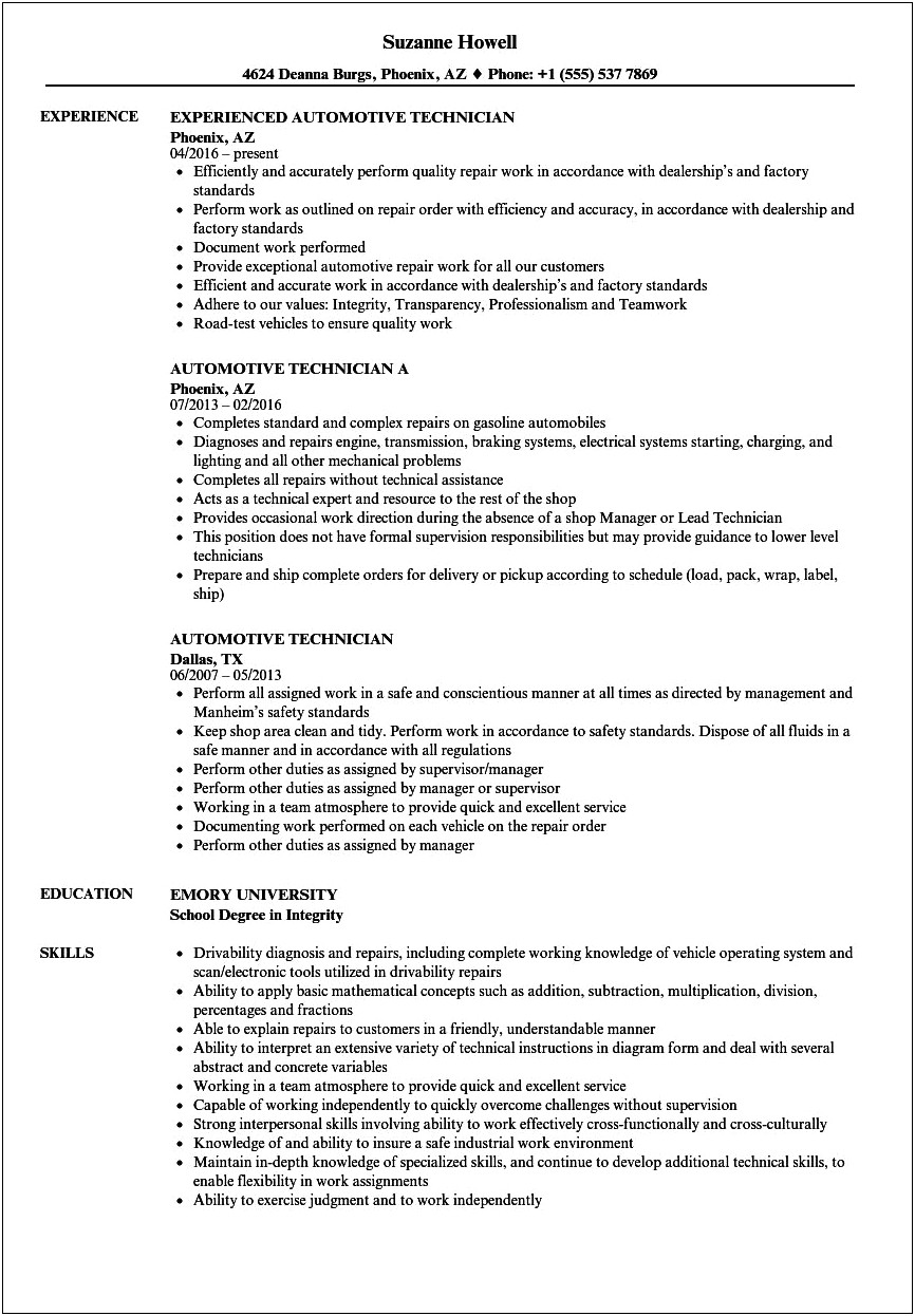 Engine Mechanic Job Description For Resume