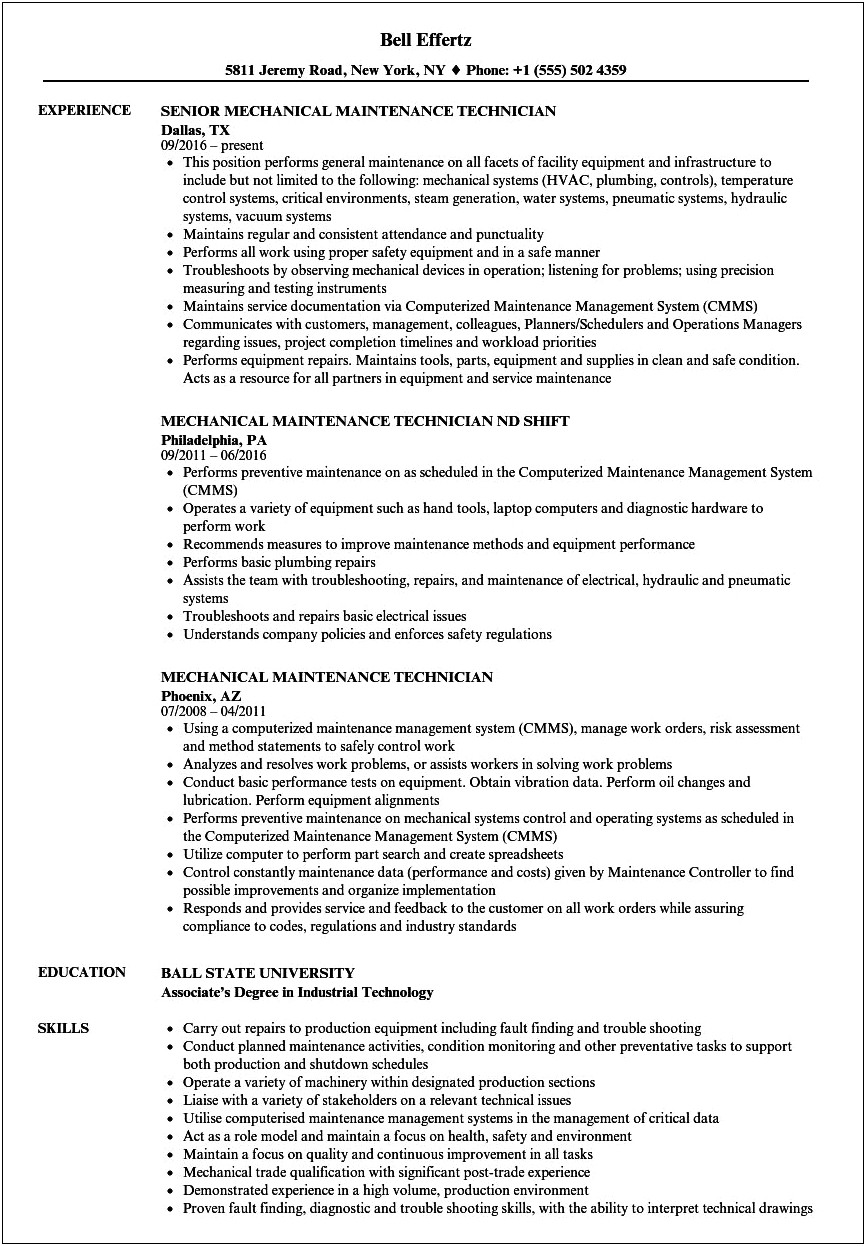 Engineering Maintenance Experience Description For Resume