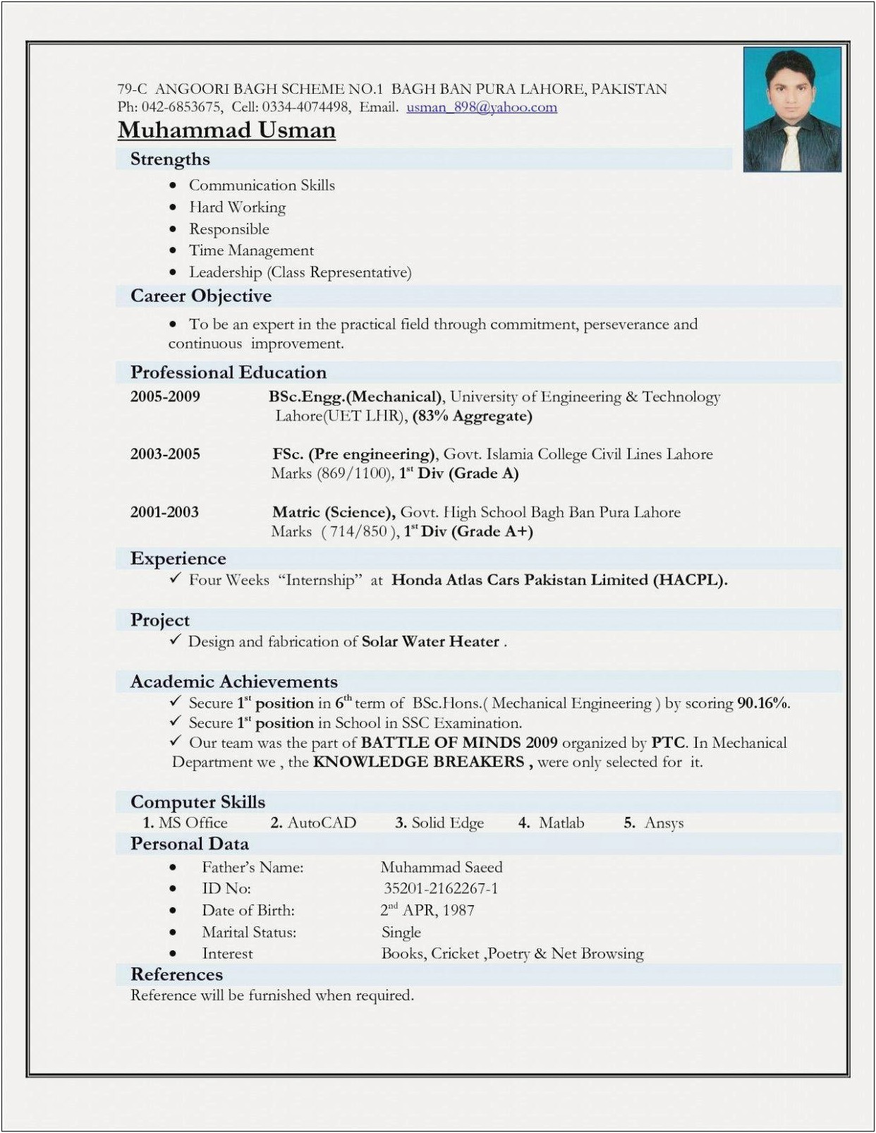 Engineering Resume Format Download In Ms Word
