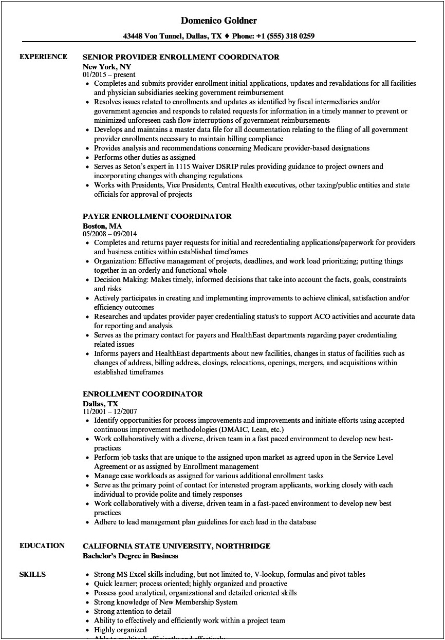 Enrollment And School Admissions Coordinator Resume