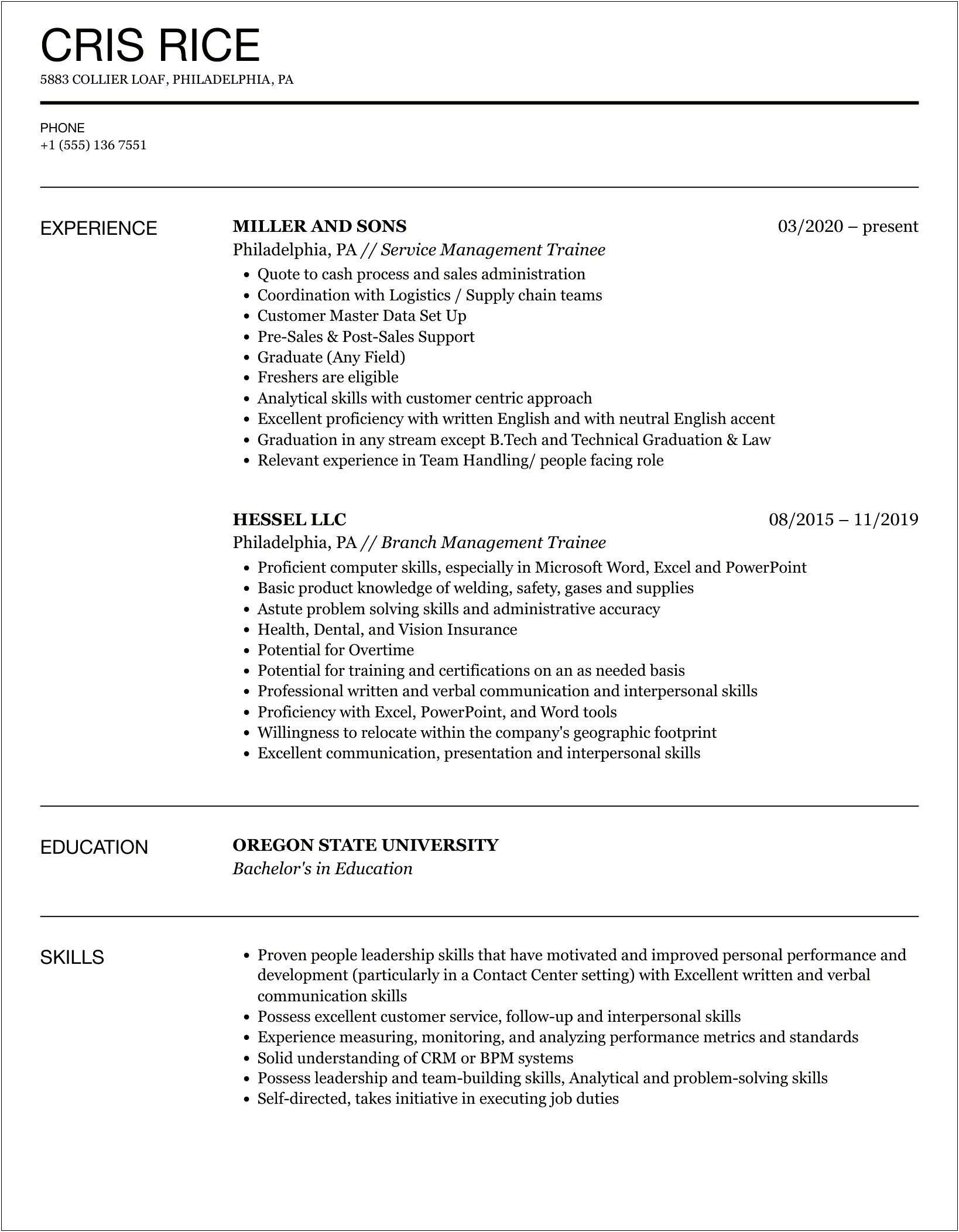 Enterprise Management Trainee Job Description For Resume