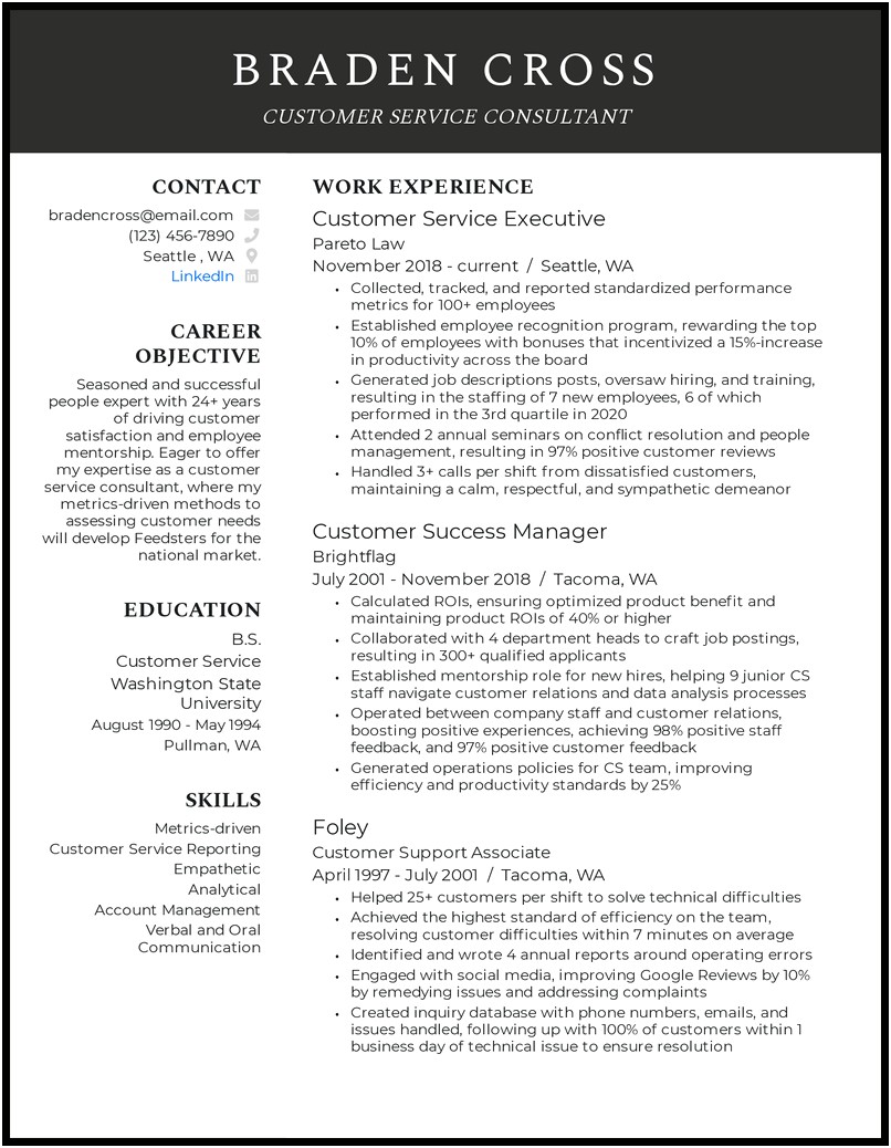 Entry Customer Service Experience Sample Resume