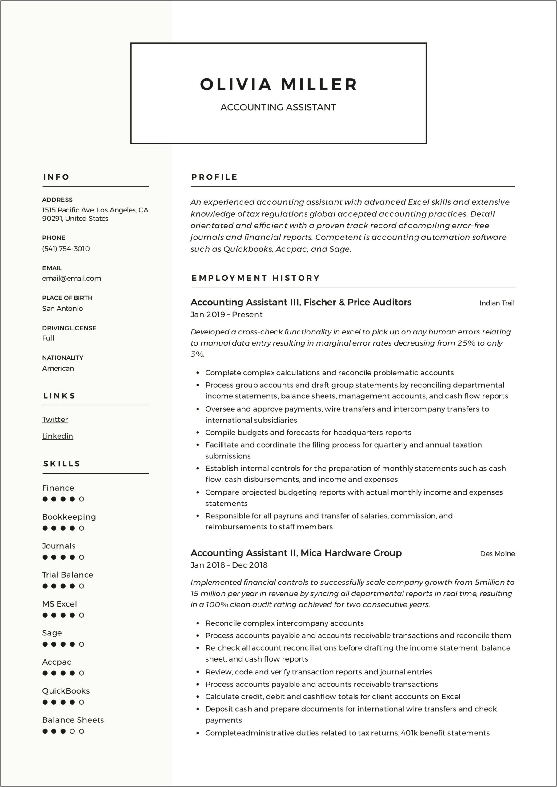 Entry Level Accounting Assistant Resume Sample